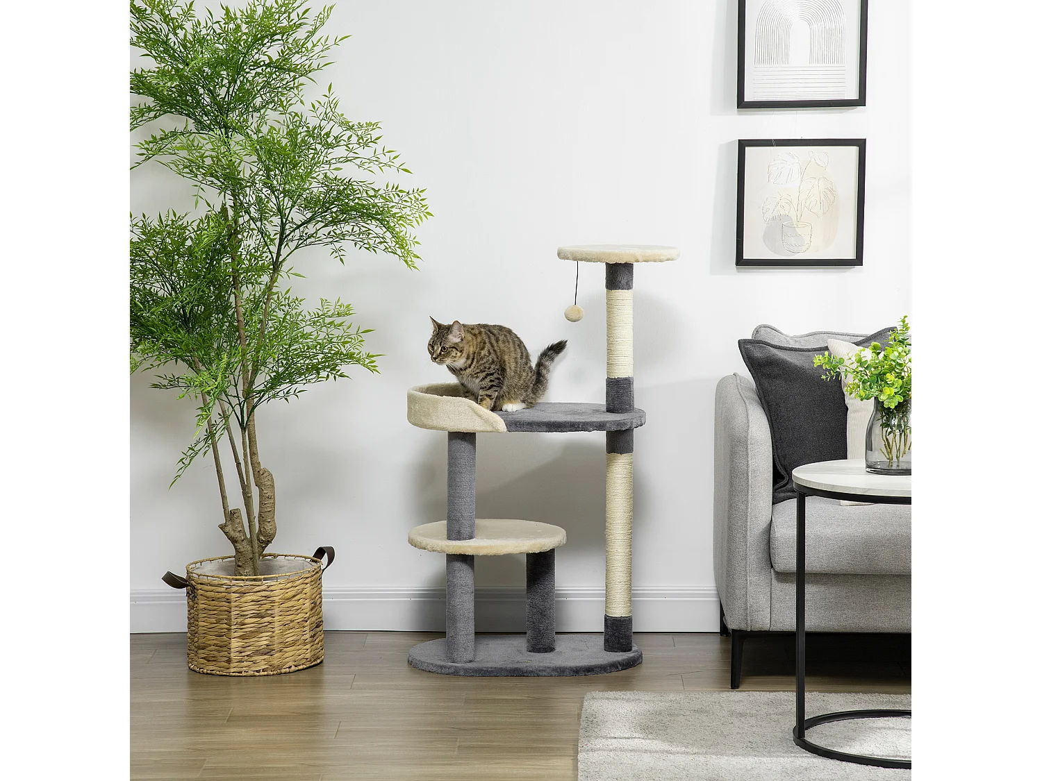 Albero tiragraffi per gatti a 3 livelli pali in sisal e altezza 105cm