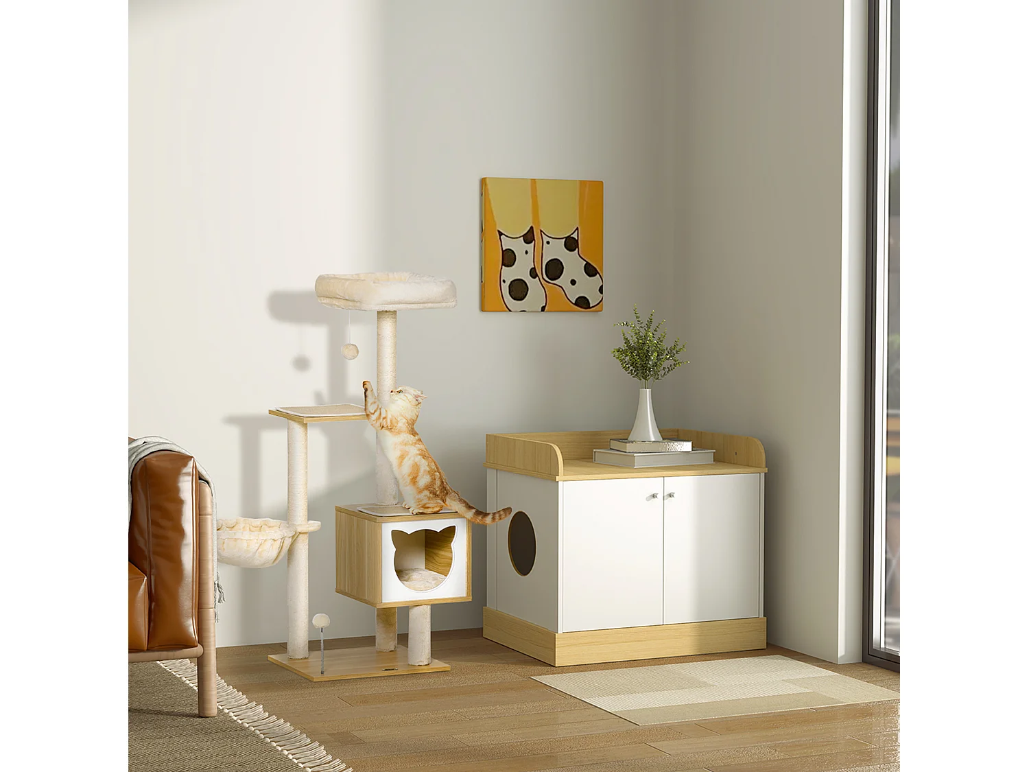 Tiragraffi per gatti con 2 pali, casetta, amaca, lettino e 2 palline