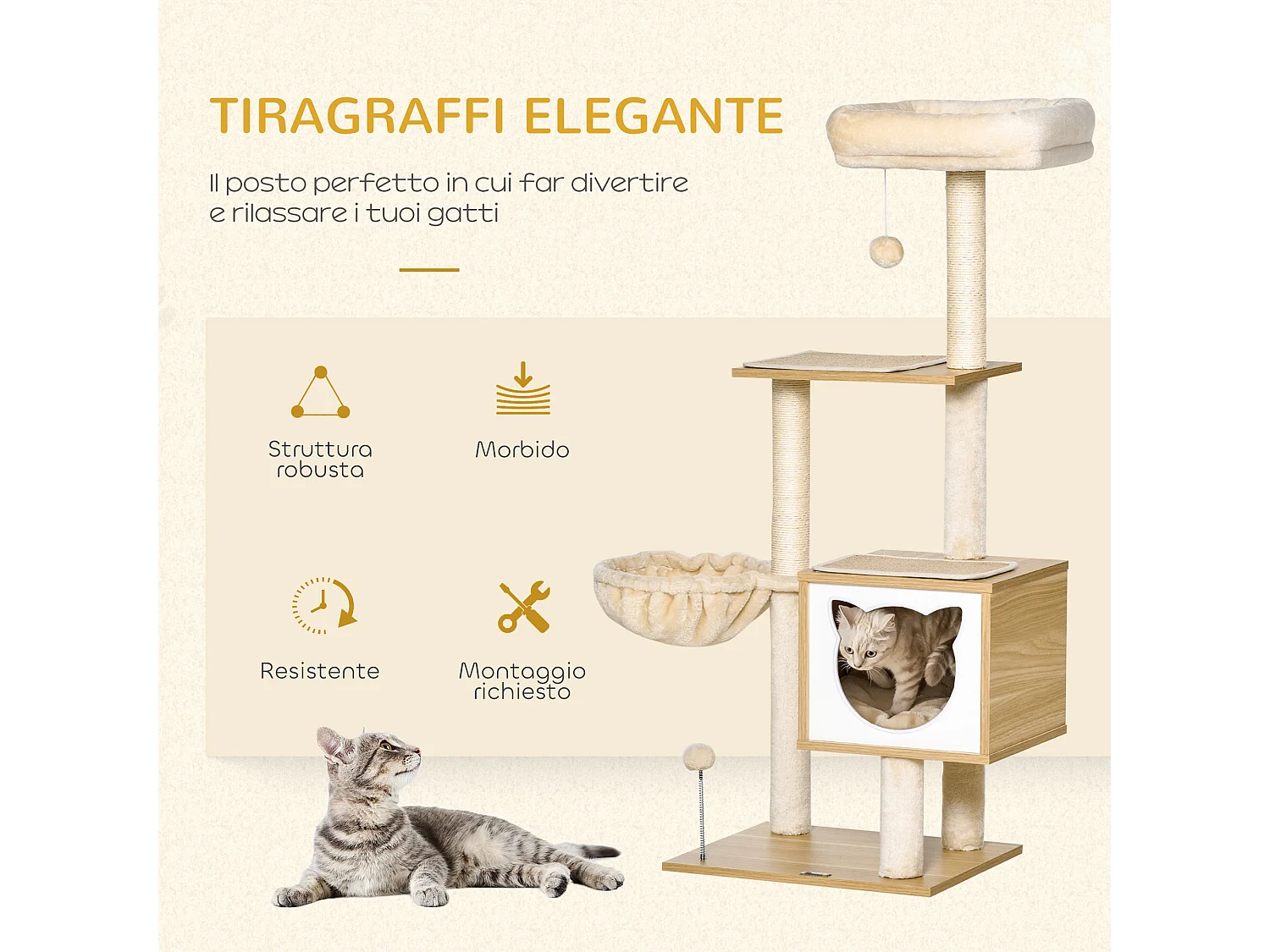 Tiragraffi per gatti con 2 pali, casetta, amaca, lettino e 2 palline