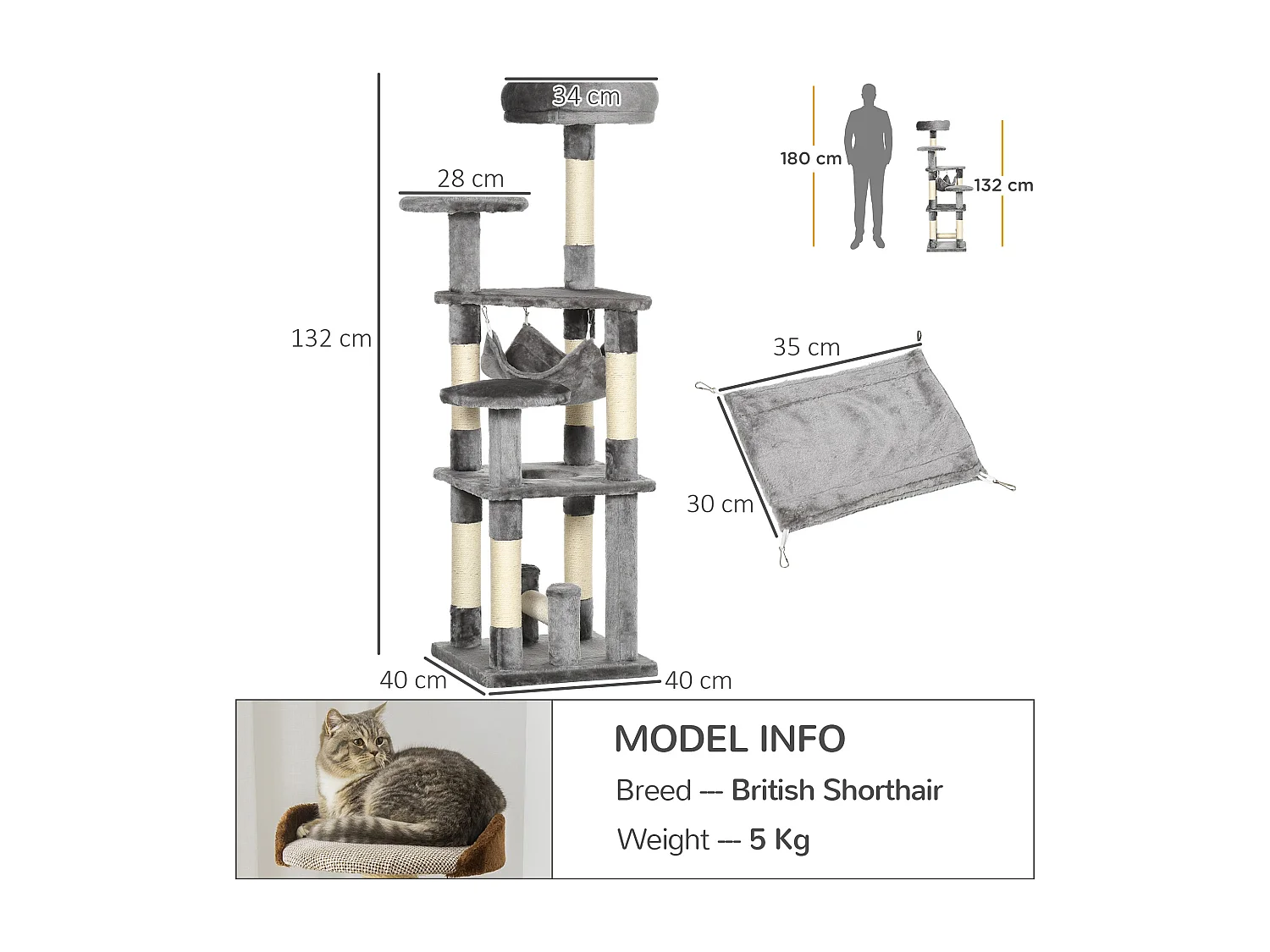 Albero tiragraffi per gatti da 132cm con 4 livelli grigio