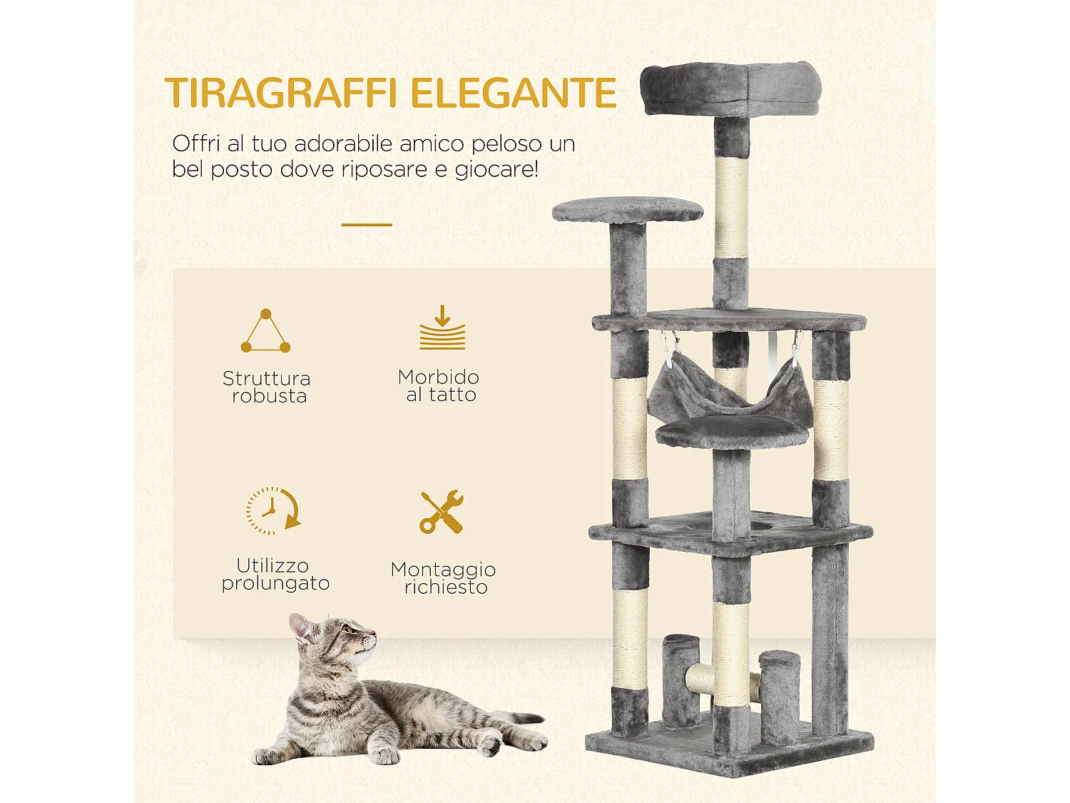 Albero tiragraffi per gatti da 132cm con 4 livelli grigio
