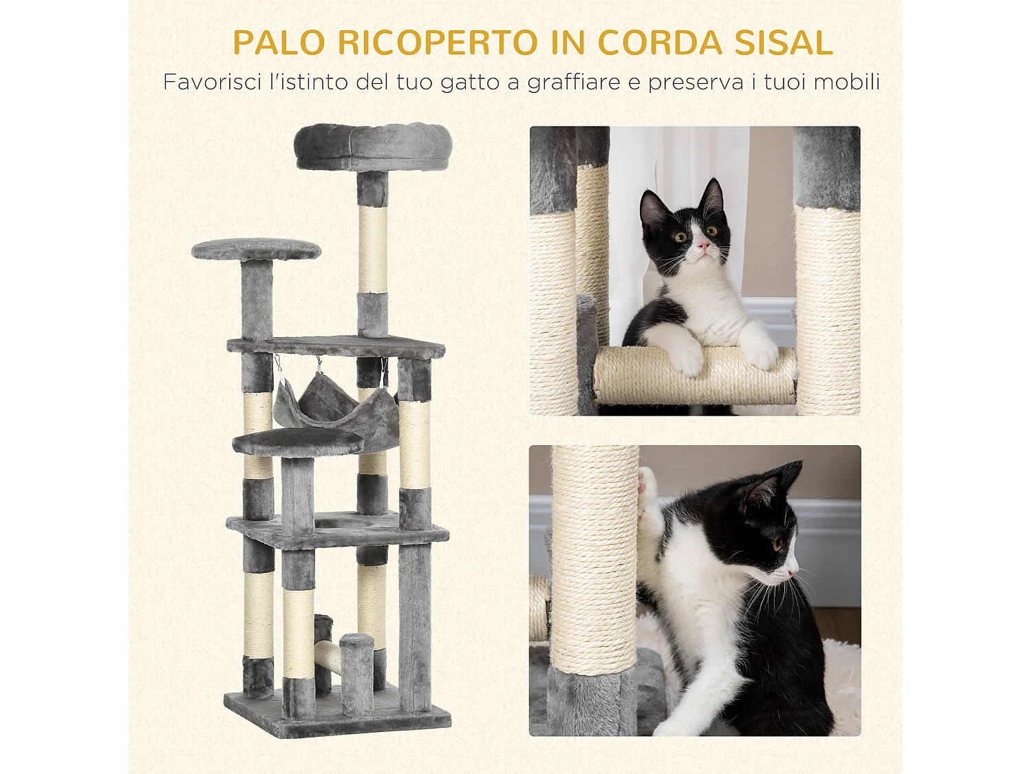 Albero tiragraffi per gatti da 132cm con 4 livelli grigio