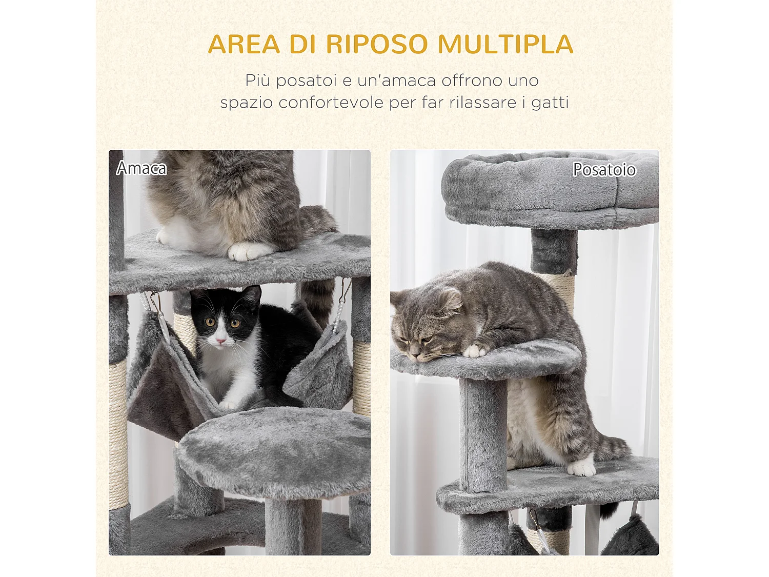Albero tiragraffi per gatti da 132cm con 4 livelli grigio