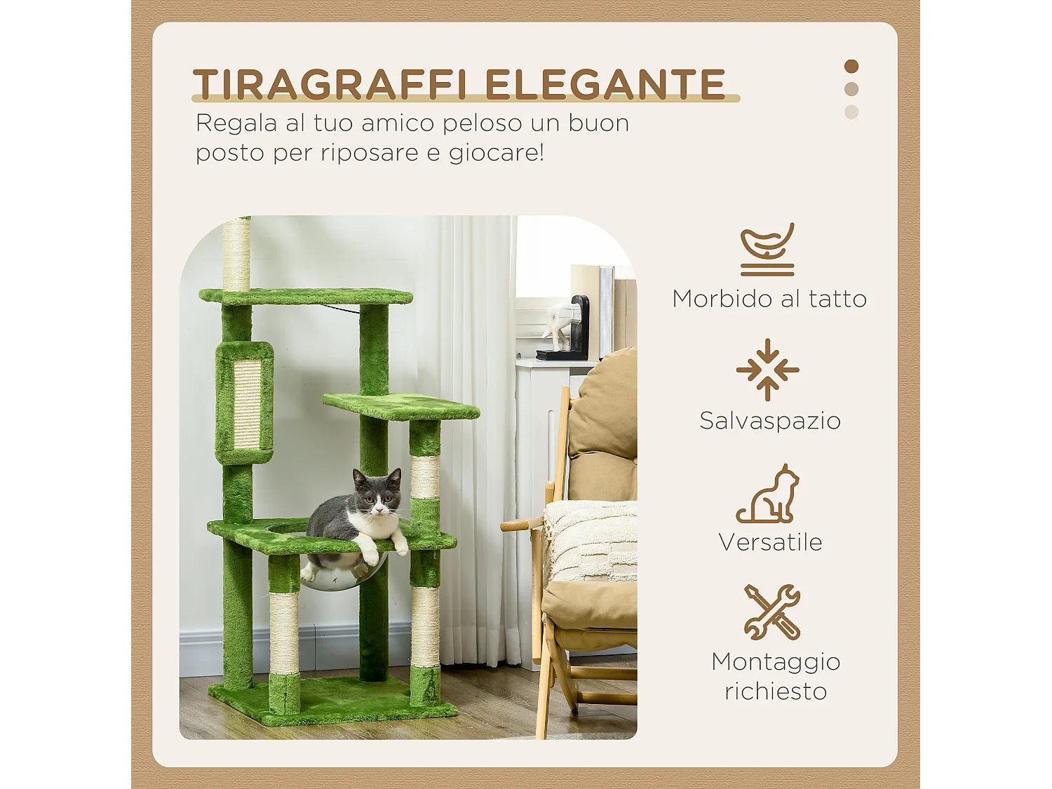Albero per gatti multilivello con amaca, tiragraffi e pallina verde