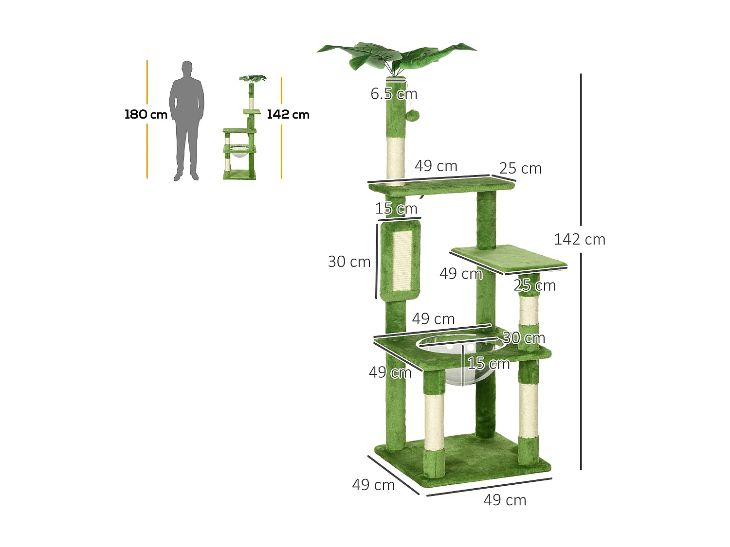 Albero per gatti multilivello con amaca, tiragraffi e pallina verde