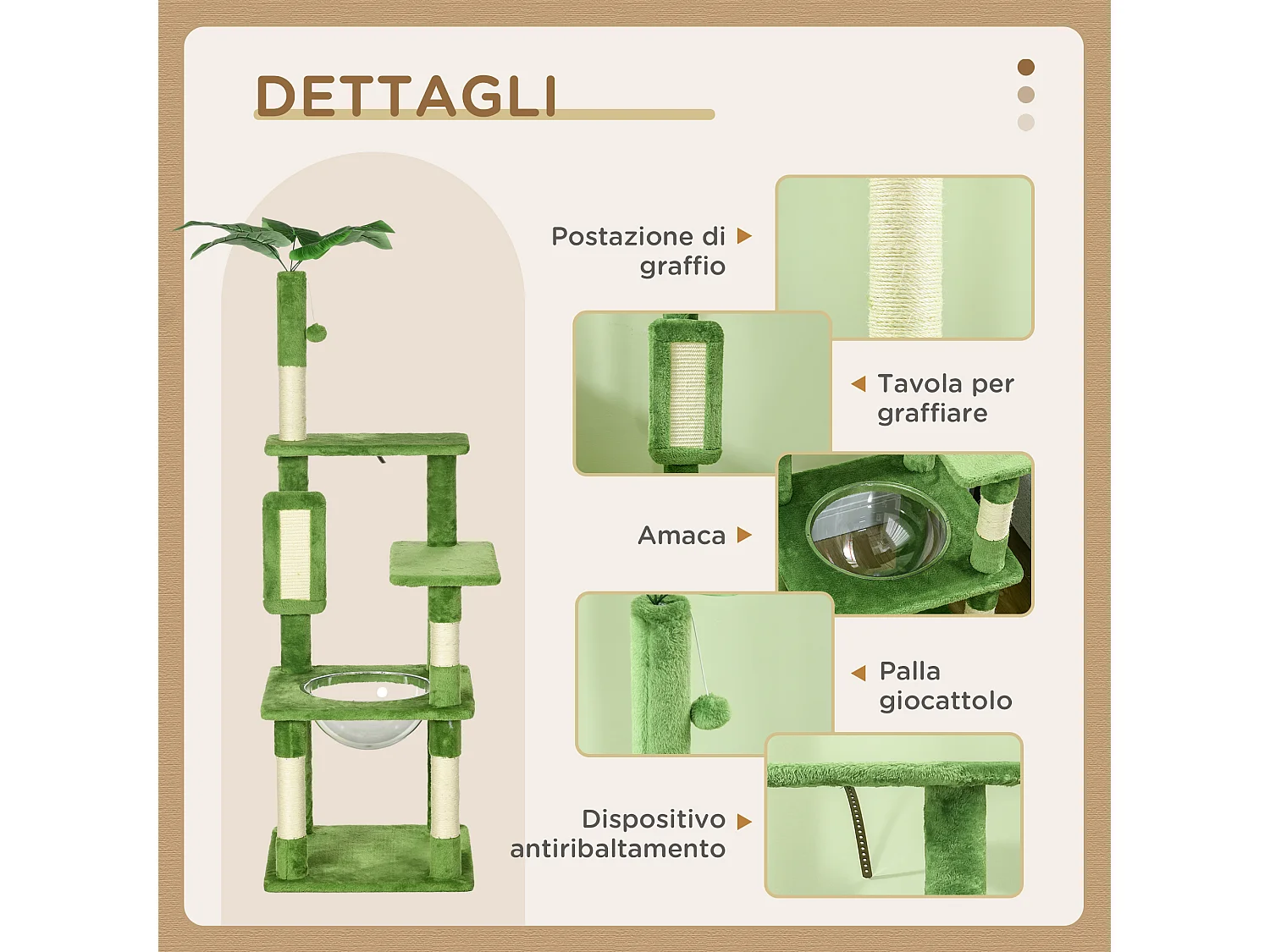 Albero per gatti multilivello con amaca, tiragraffi e pallina verde