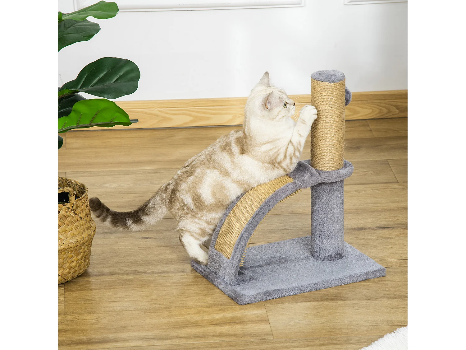 Albero per gatti con arco massaggiatore, tiragraffi iuta e peluche grigio