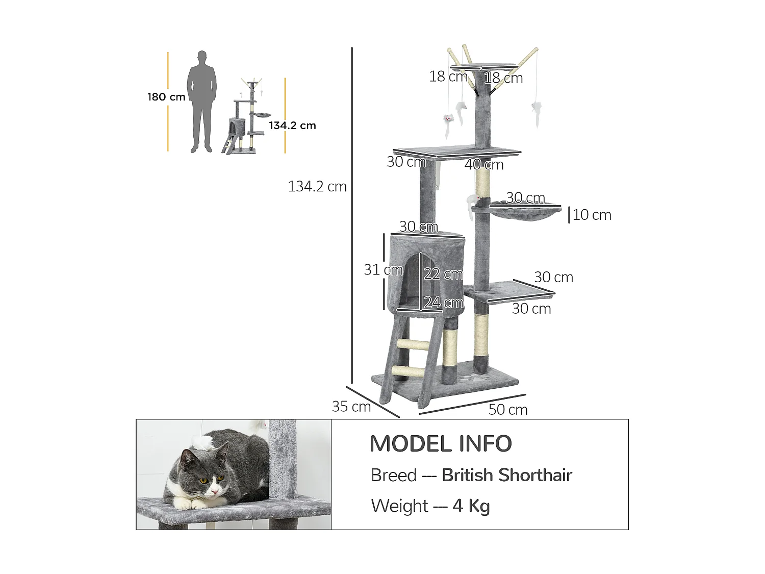 Torre per gatti con casetta, trespolo, piattaforme e 4 topolini grigio