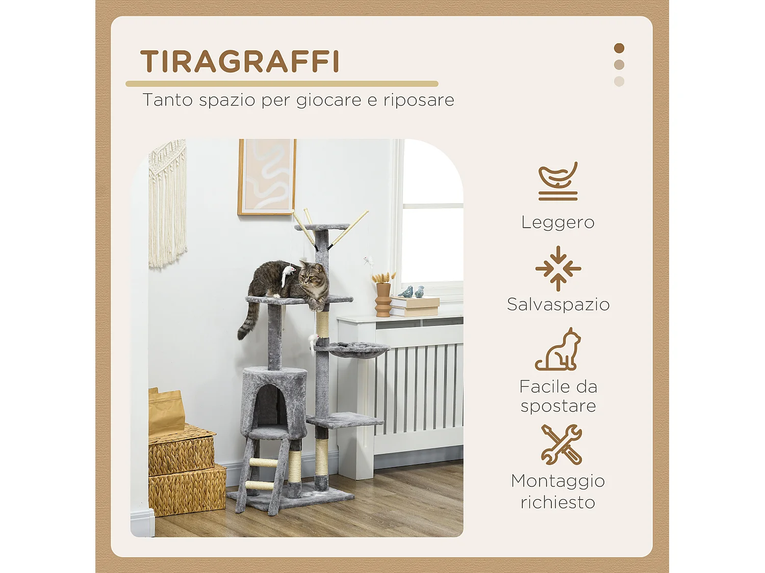 Torre per gatti con casetta, trespolo, piattaforme e 4 topolini grigio