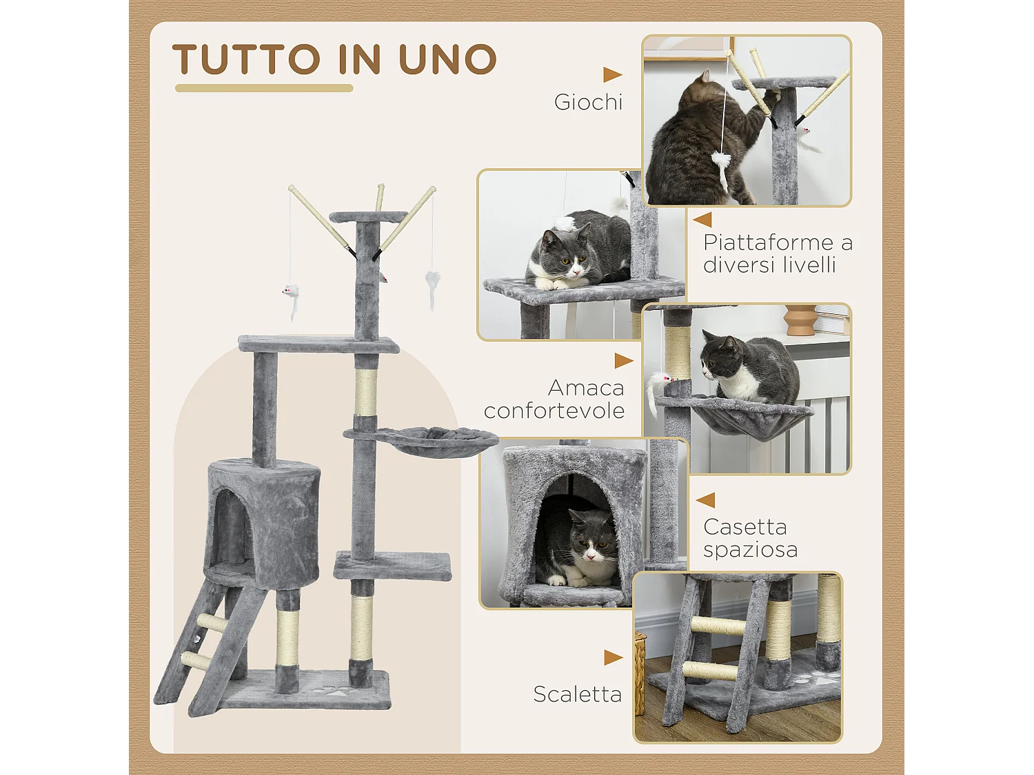Torre per gatti con casetta, trespolo, piattaforme e 4 topolini grigio