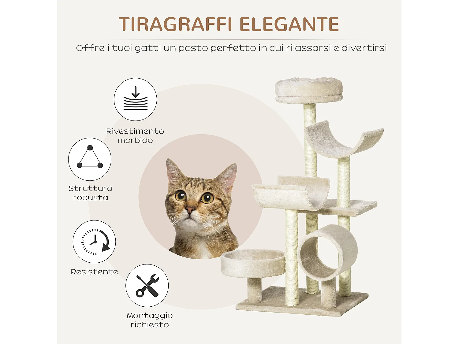 Tiragraffi per gatti alto 105 cm in peluche crema