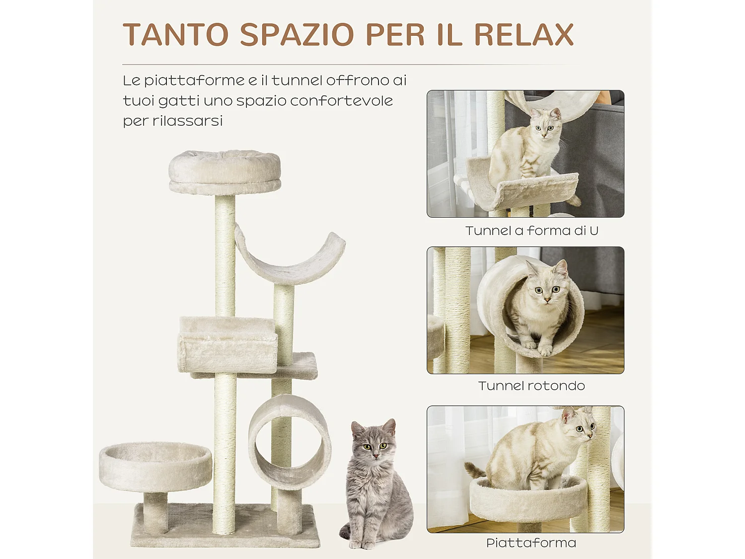 Tiragraffi per gatti alto 105 cm in peluche crema