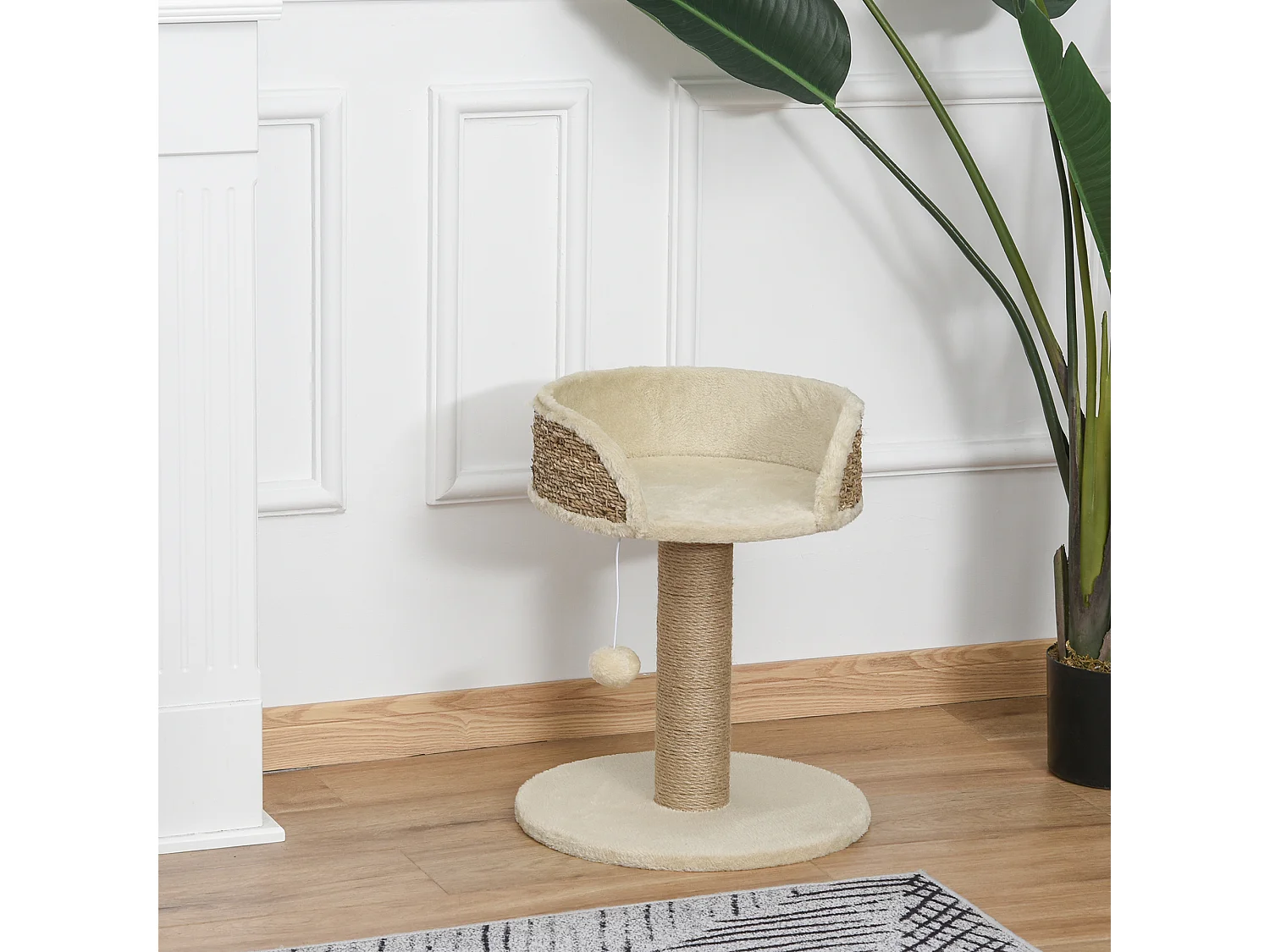 Albero tiragraffi per gatti con lettino, palo in juta e pallina beige