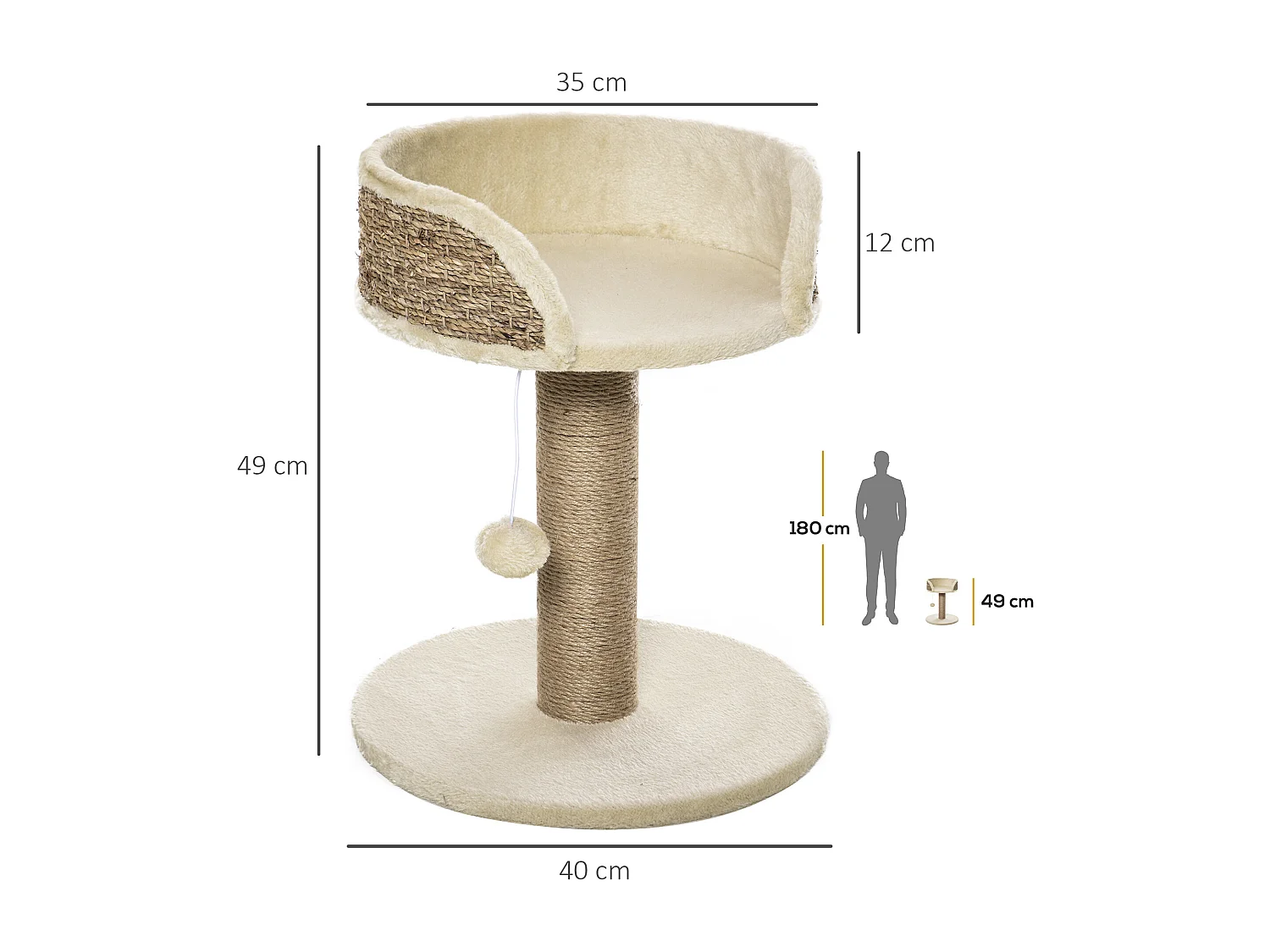 Albero tiragraffi per gatti con lettino, palo in juta e pallina beige