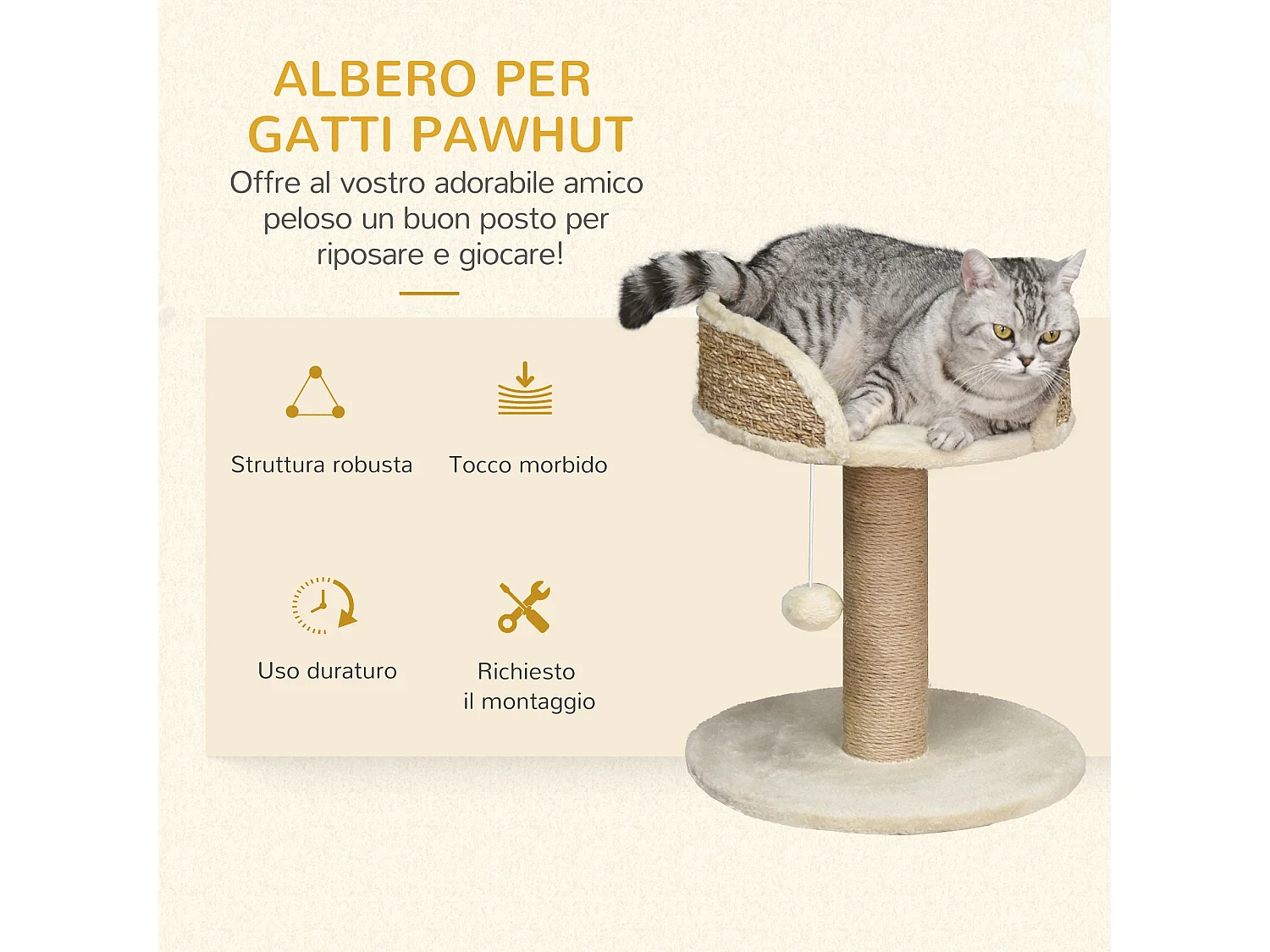 Albero tiragraffi per gatti con lettino, palo in juta e pallina beige
