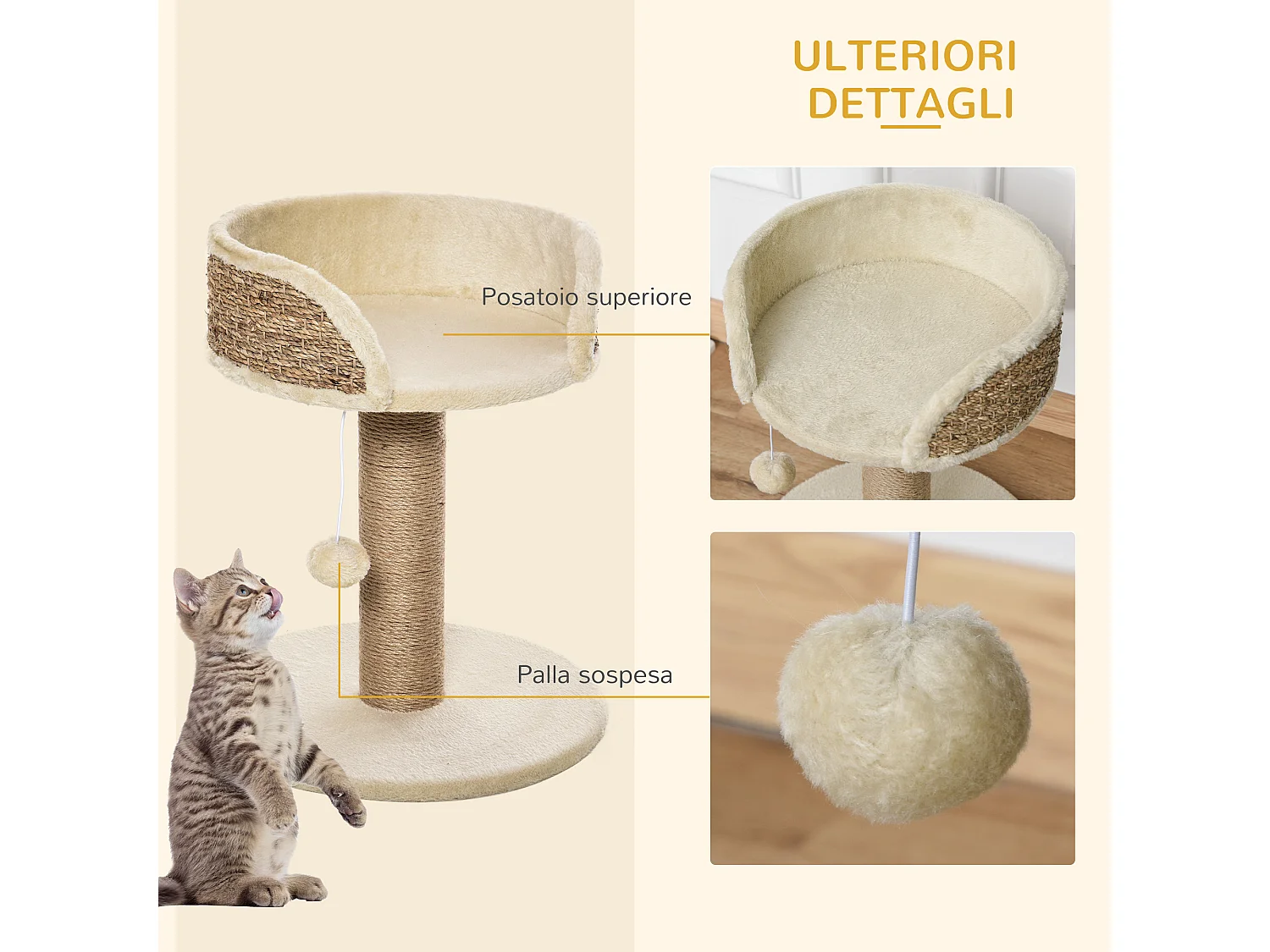 Albero tiragraffi per gatti con lettino, palo in juta e pallina beige