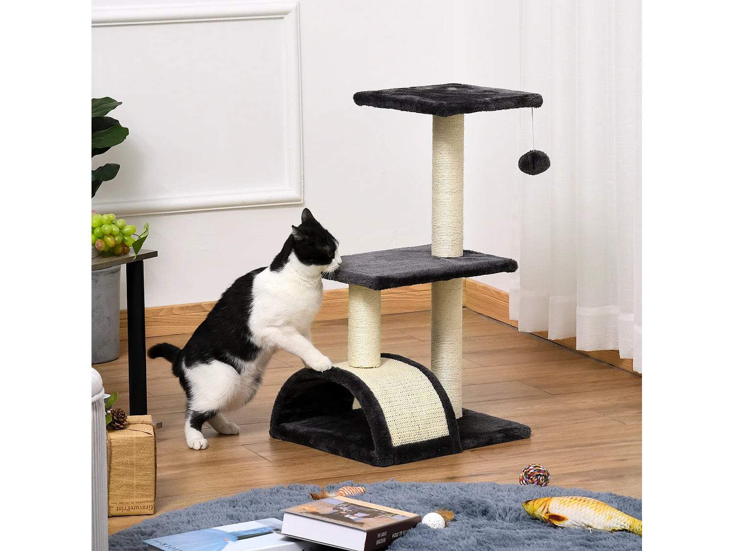 Albero per gatti a 3 livelli con tappetino tiragraffi 40x35x72 cm grigio