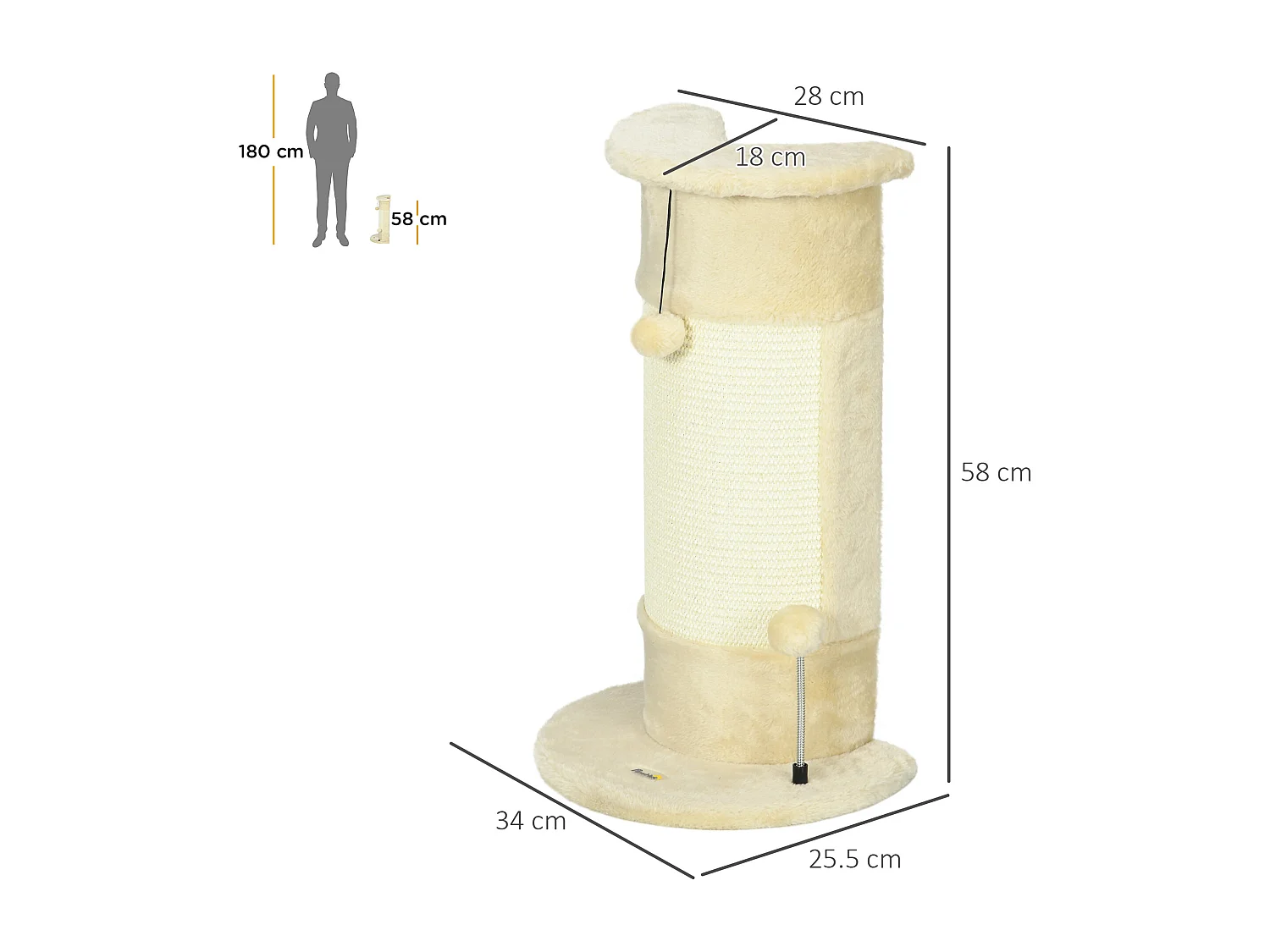 Tiragraffi per gatti fino a 5kg in sisal e peluche 34x25.5x58cm beige