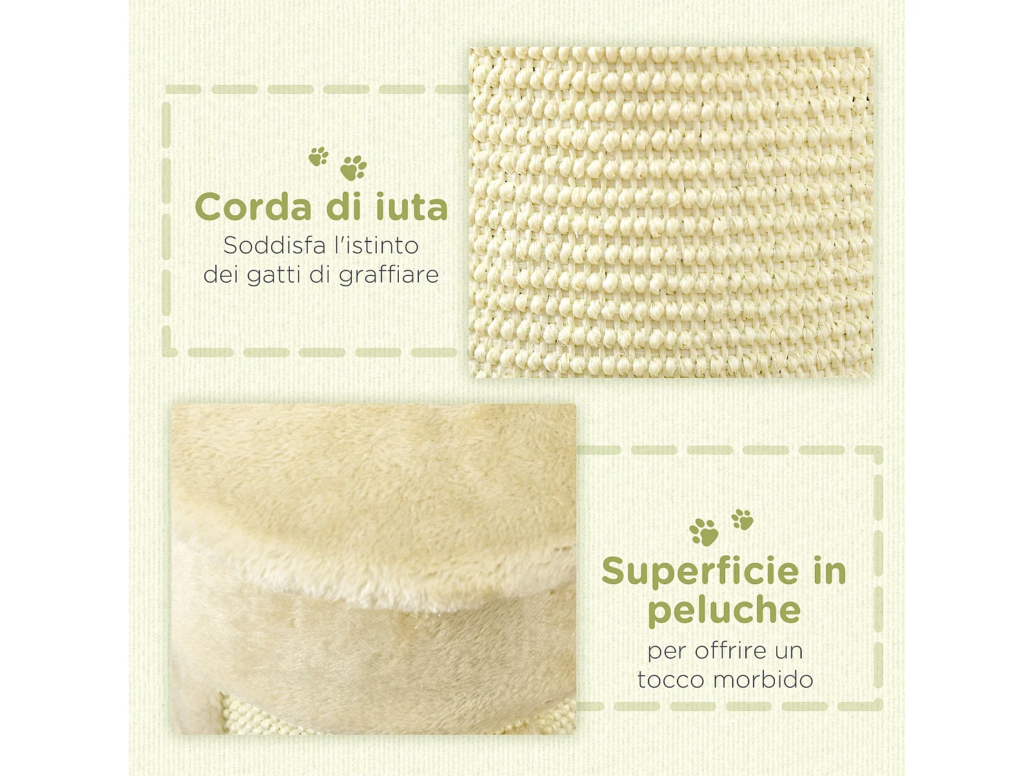 Tiragraffi per gatti fino a 5kg in sisal e peluche 34x25.5x58cm beige