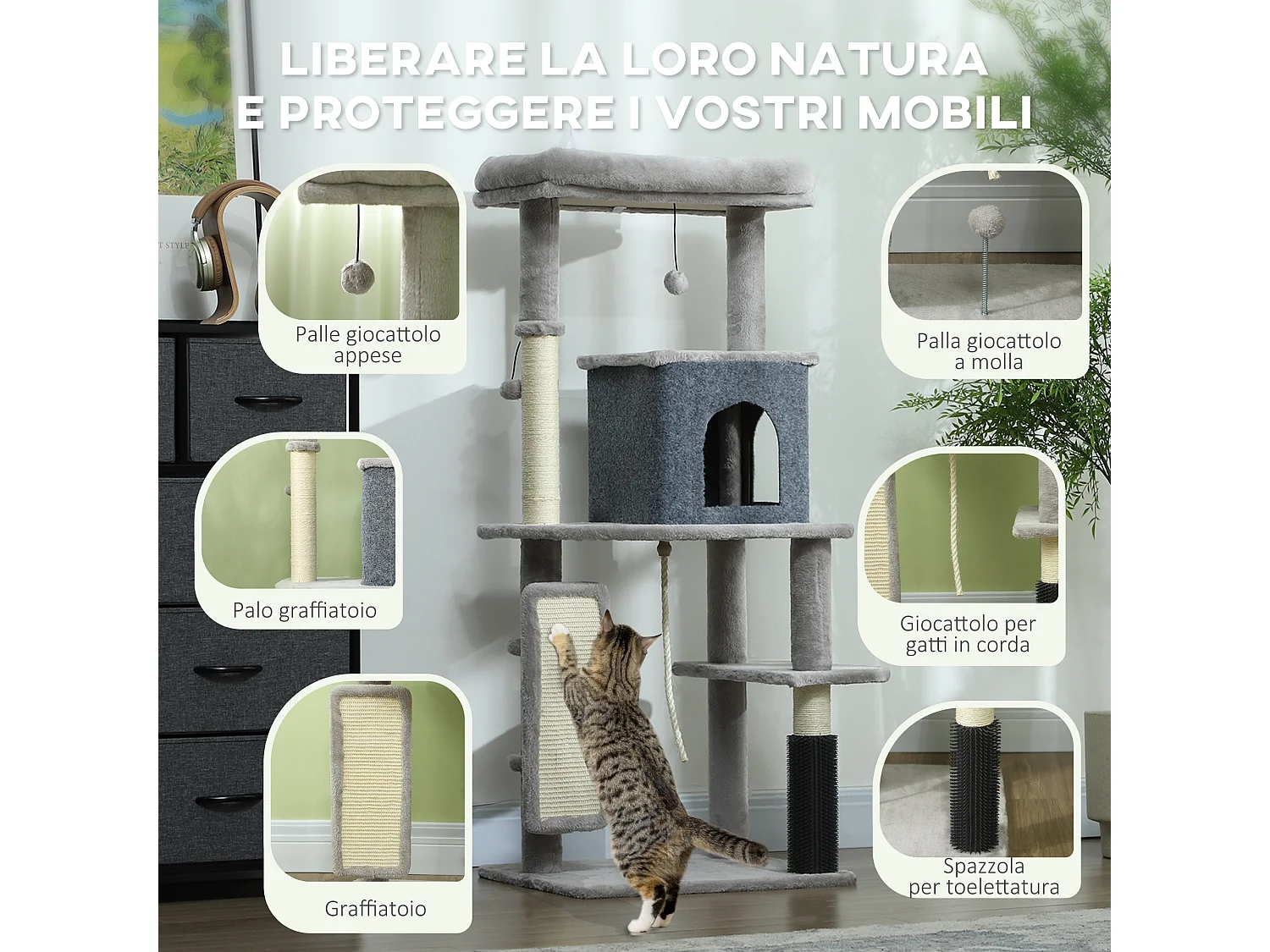 Albero per gatti con casetta, lettino, pali tiragraffi e spazzola grigio