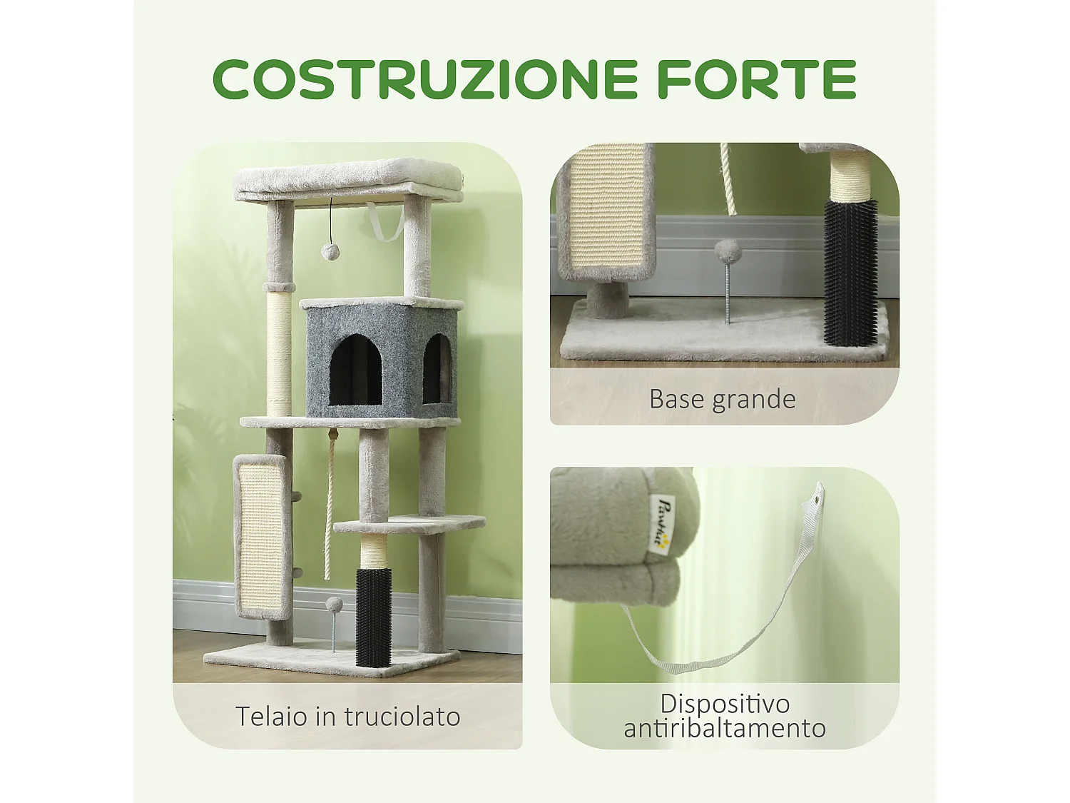 Albero per gatti con casetta, lettino, pali tiragraffi e spazzola grigio