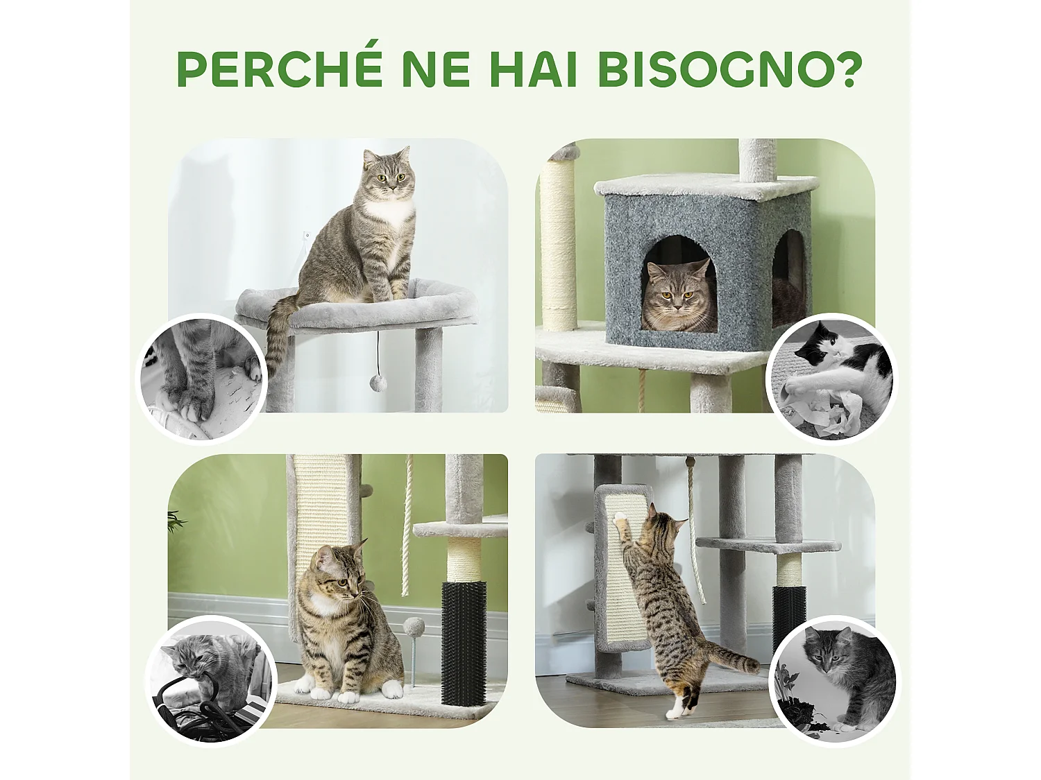 Albero per gatti con casetta, lettino, pali tiragraffi e spazzola grigio