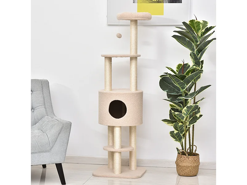 Albero tiragraffi beige per gatti con cuccia e corda sisal, max 30kg