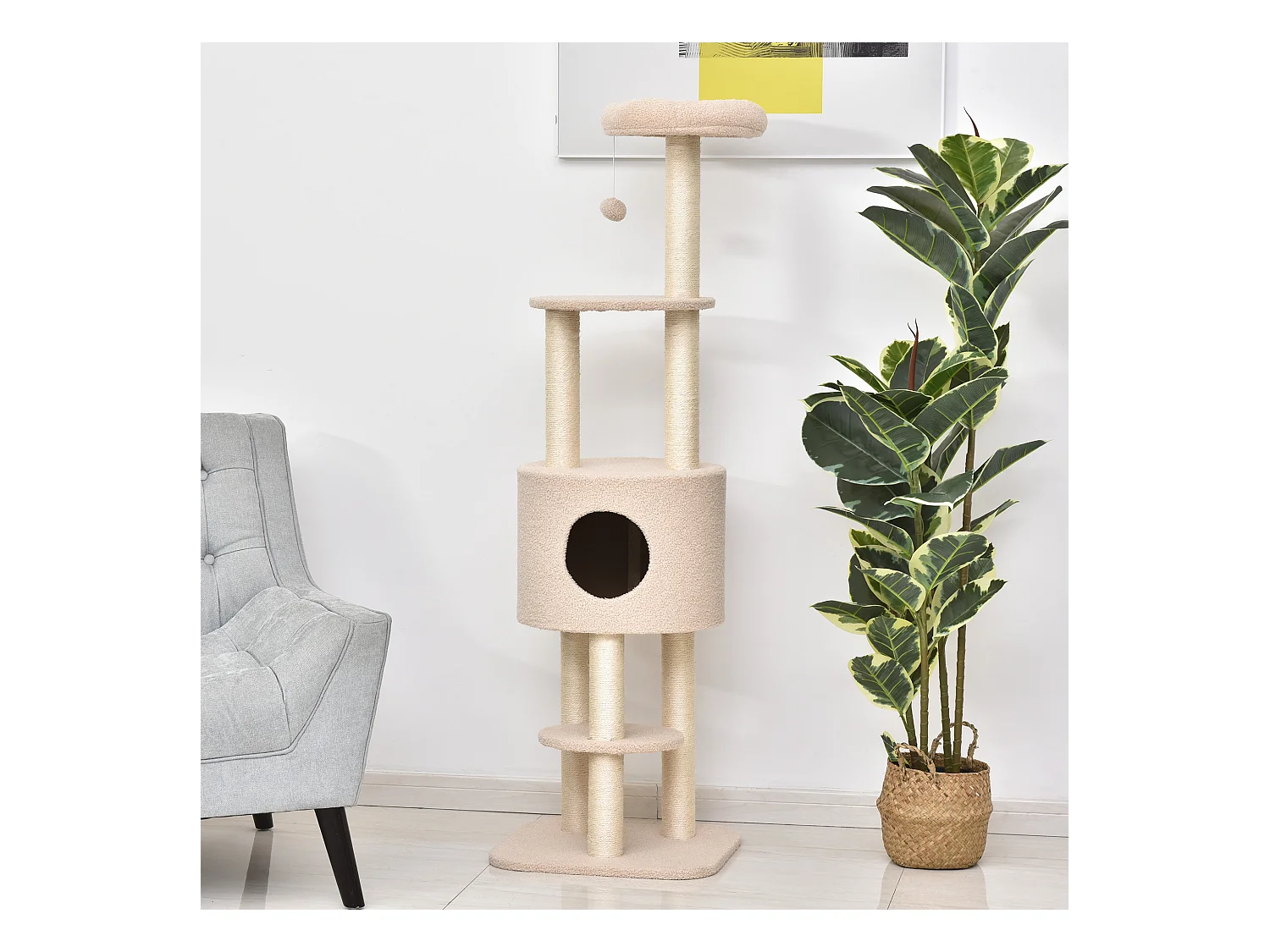 Albero tiragraffi beige per gatti con cuccia e corda sisal, max 30kg