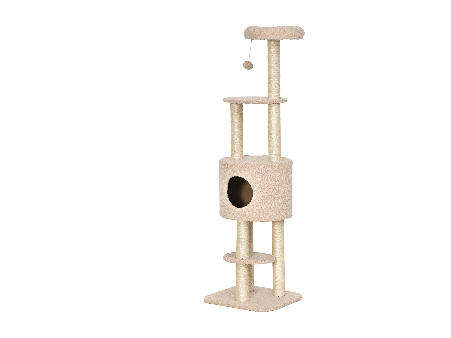 Albero tiragraffi beige per gatti con cuccia e corda sisal, max 30kg