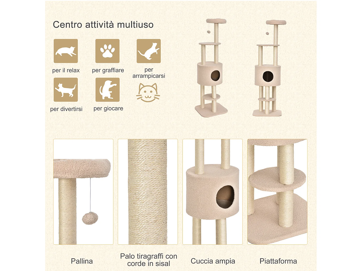 Albero tiragraffi beige per gatti con cuccia e corda sisal, max 30kg