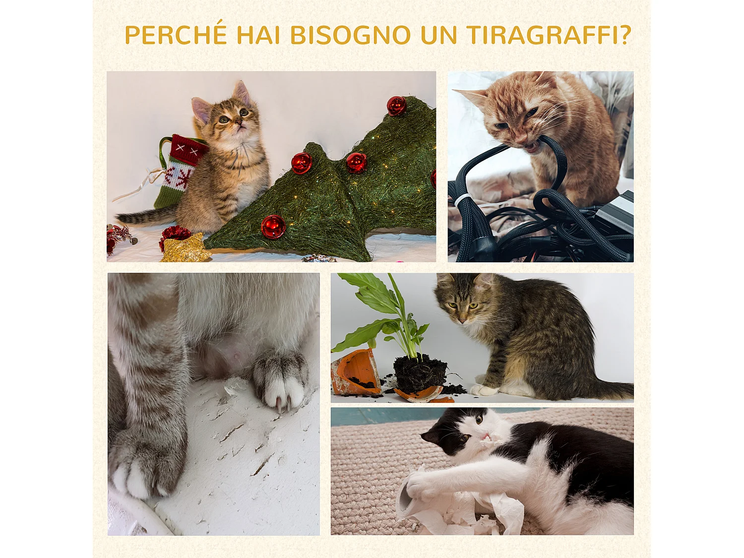 Albero tiragraffi beige per gatti con cuccia e corda sisal, max 30kg