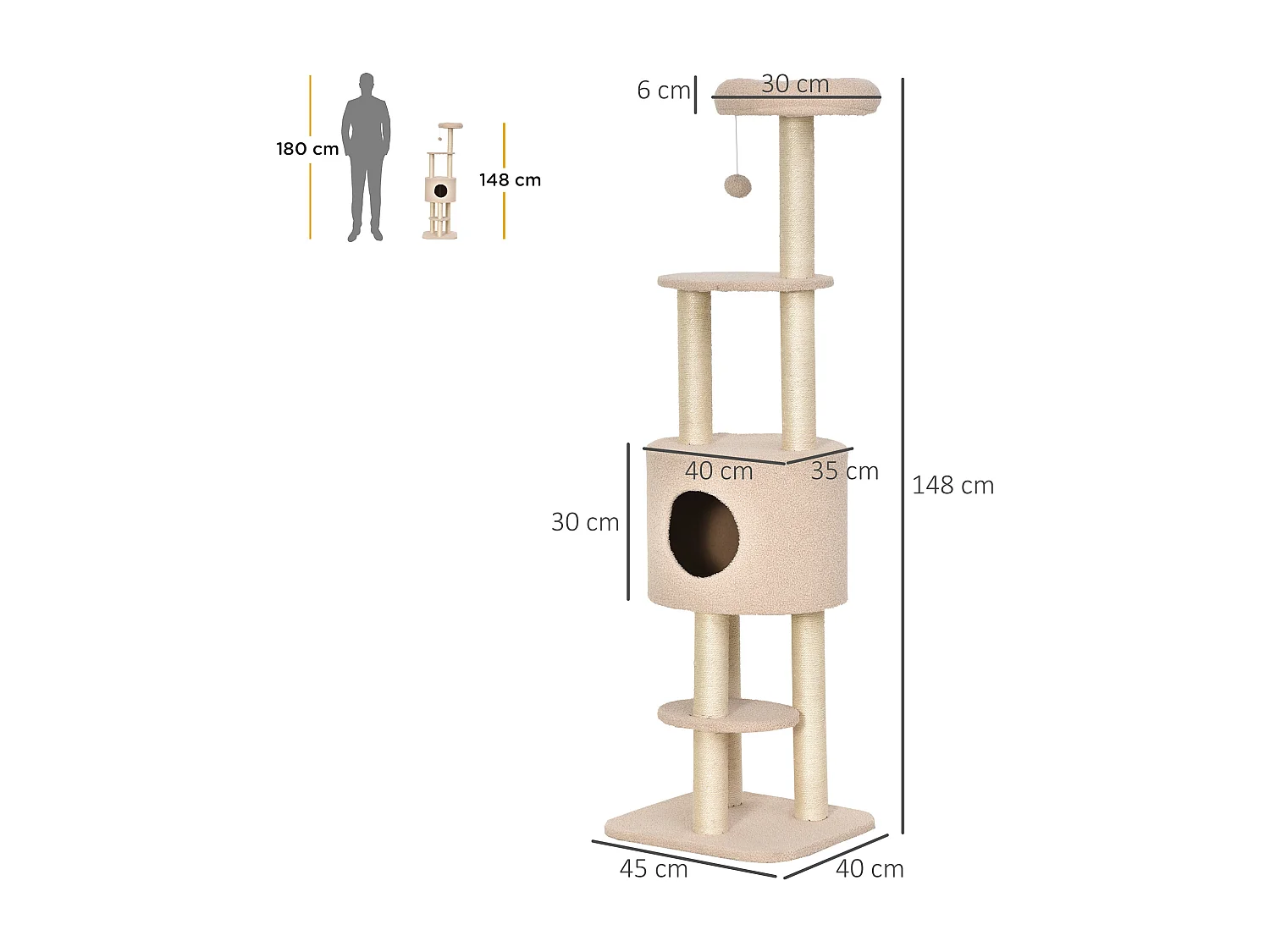Albero tiragraffi beige per gatti con cuccia e corda sisal, max 30kg