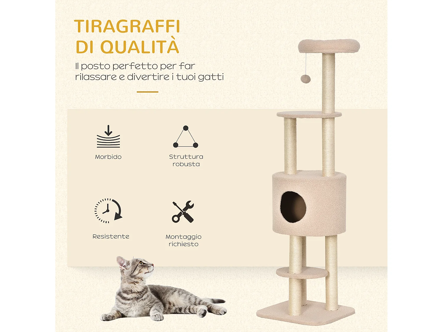 Albero tiragraffi beige per gatti con cuccia e corda sisal, max 30kg