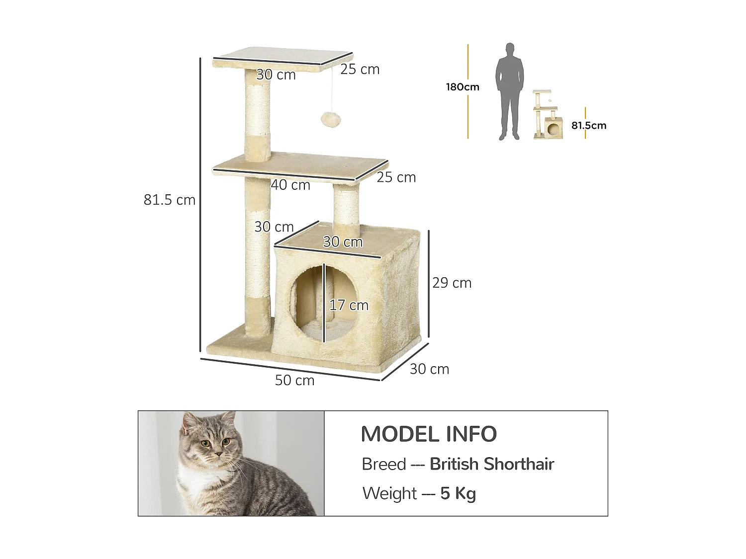 Tiragraffi per gatti con cuccia, pallina e pali in corda sisal, beige
