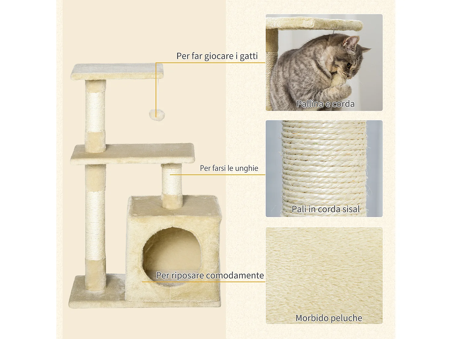 Tiragraffi per gatti con cuccia, pallina e pali in corda sisal, beige