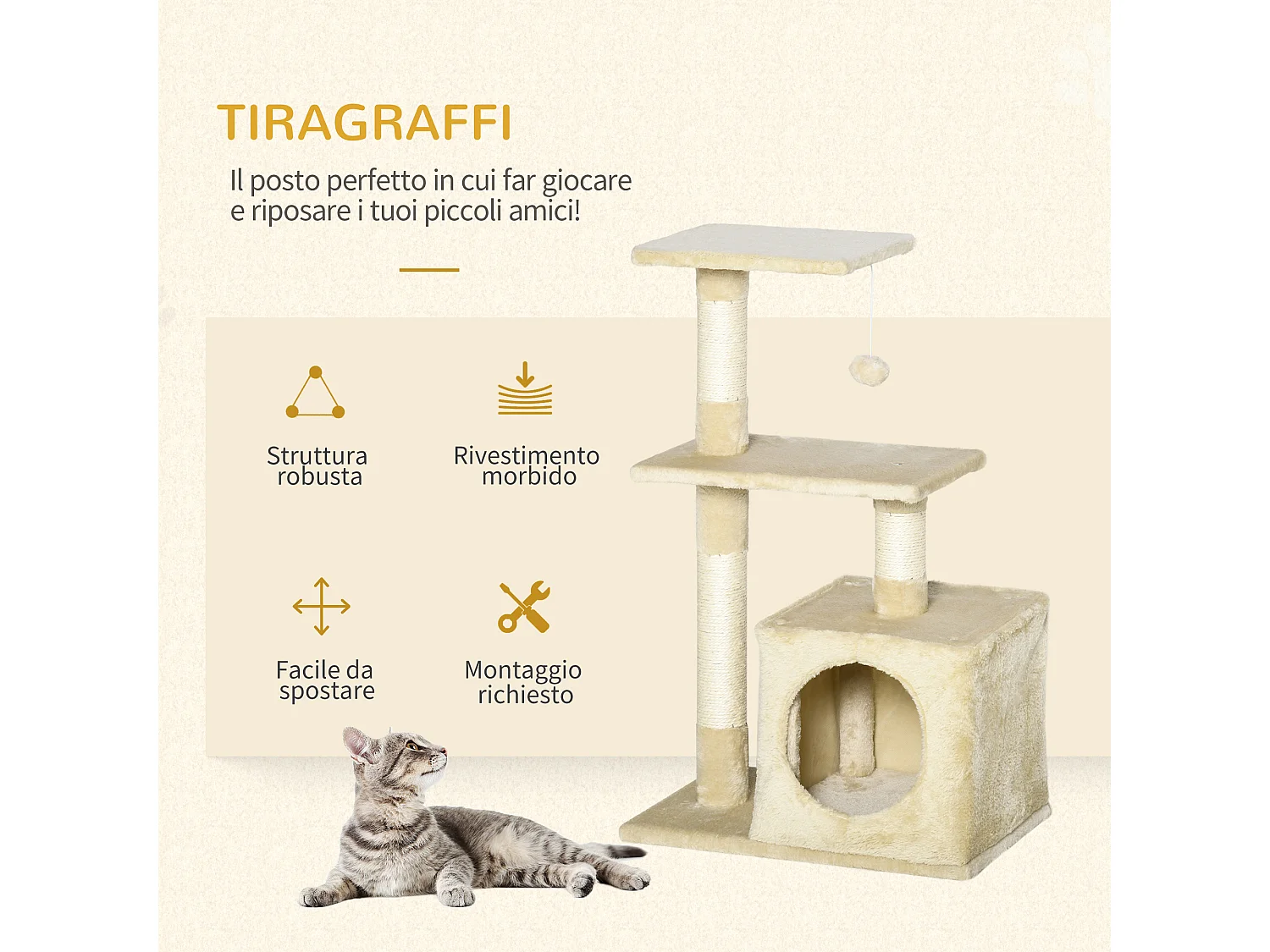 Tiragraffi per gatti con cuccia, pallina e pali in corda sisal, beige
