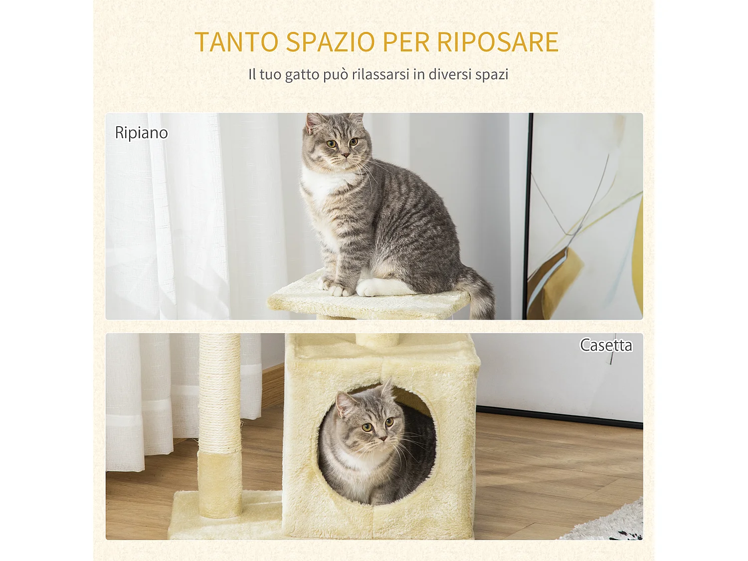 Tiragraffi per gatti con cuccia, pallina e pali in corda sisal, beige