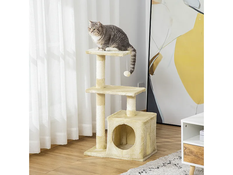 Tiragraffi per gatti con cuccia, pallina e pali in corda sisal, beige