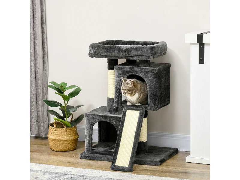 Albero tiragraffi per gatti con pali in sisal, lettino e 2 casette grigio