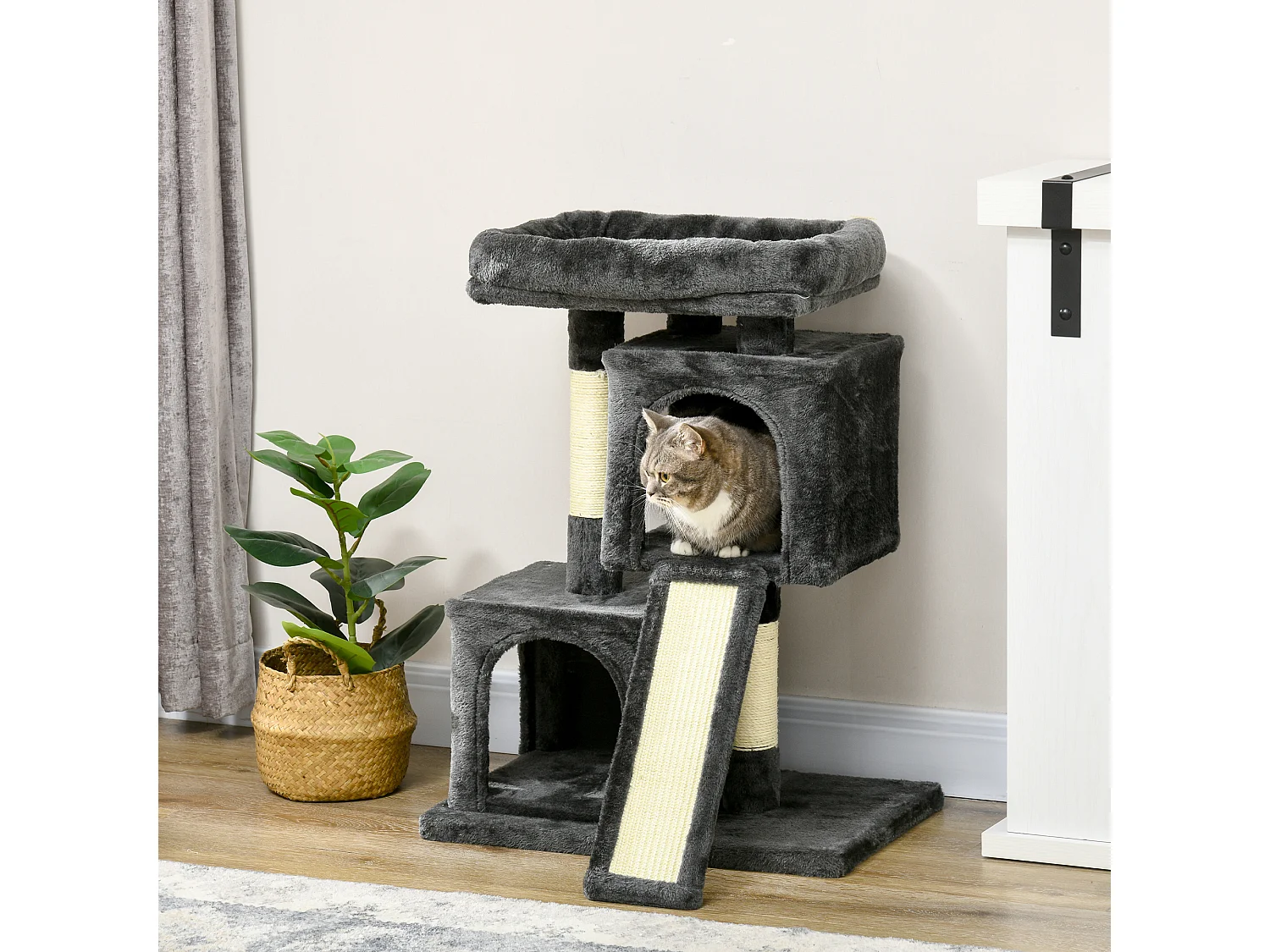 Albero tiragraffi per gatti con pali in sisal, lettino e 2 casette grigio