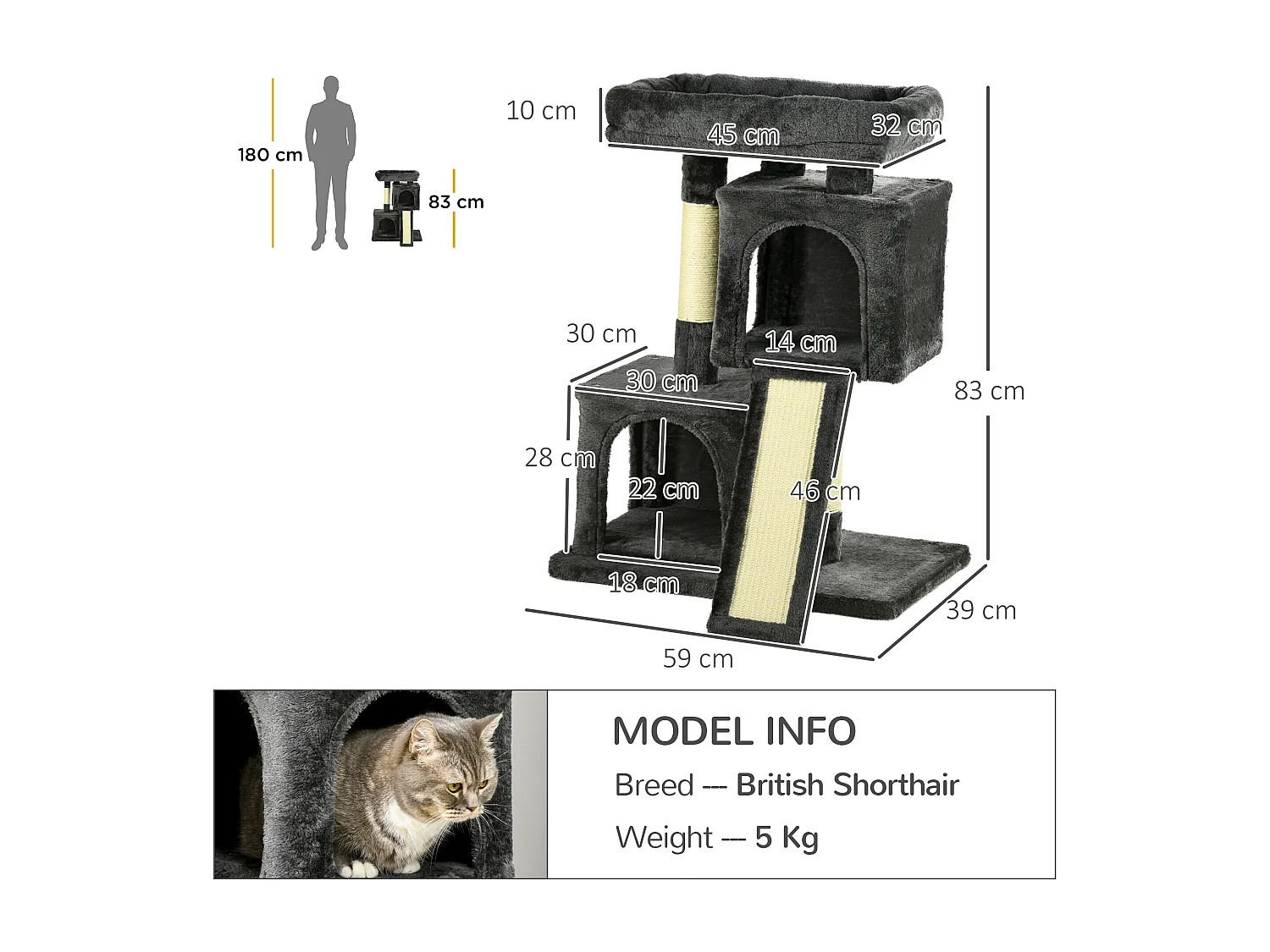 Albero tiragraffi per gatti con pali in sisal, lettino e 2 casette grigio