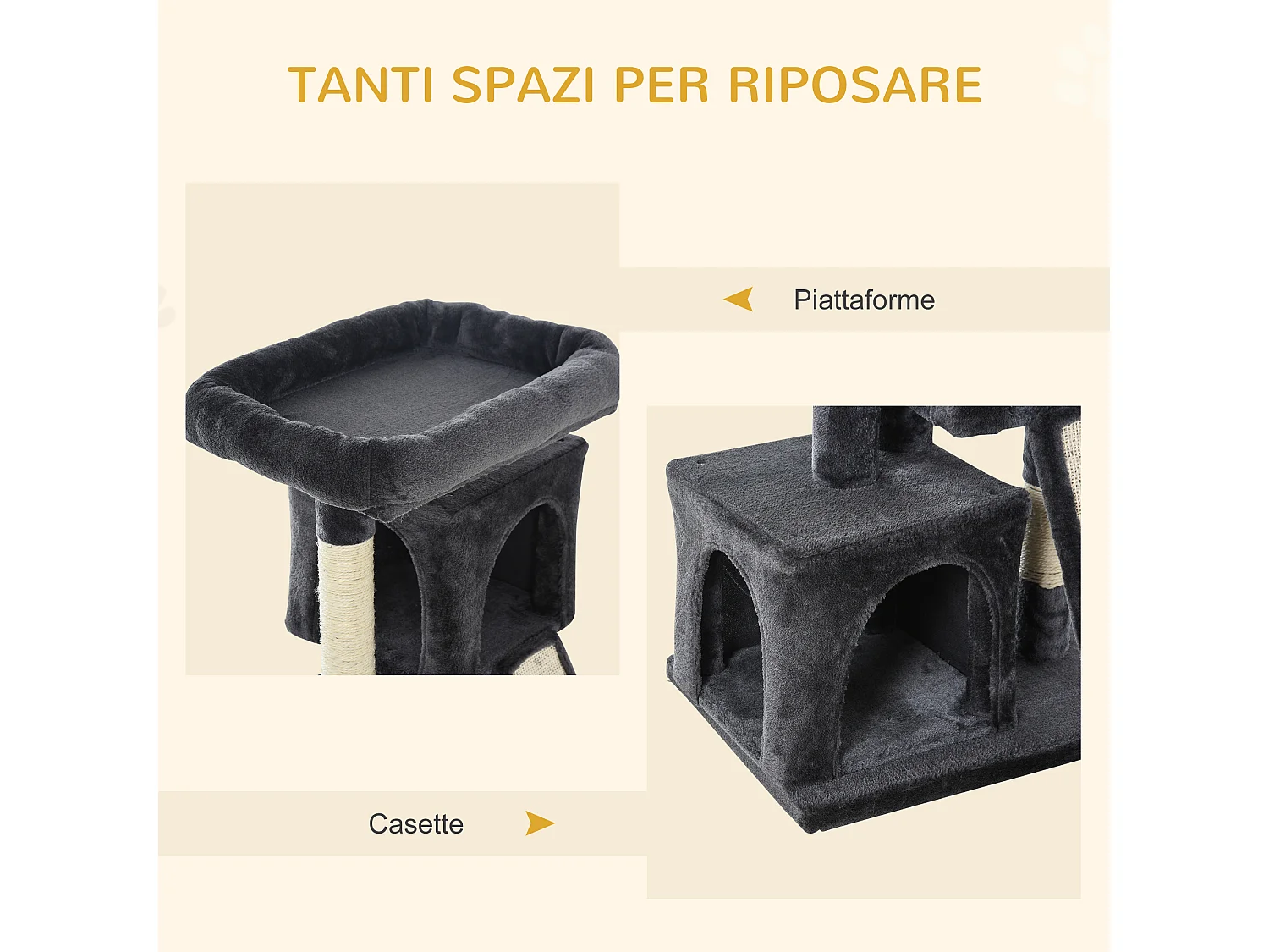 Albero tiragraffi per gatti con pali in sisal, lettino e 2 casette grigio