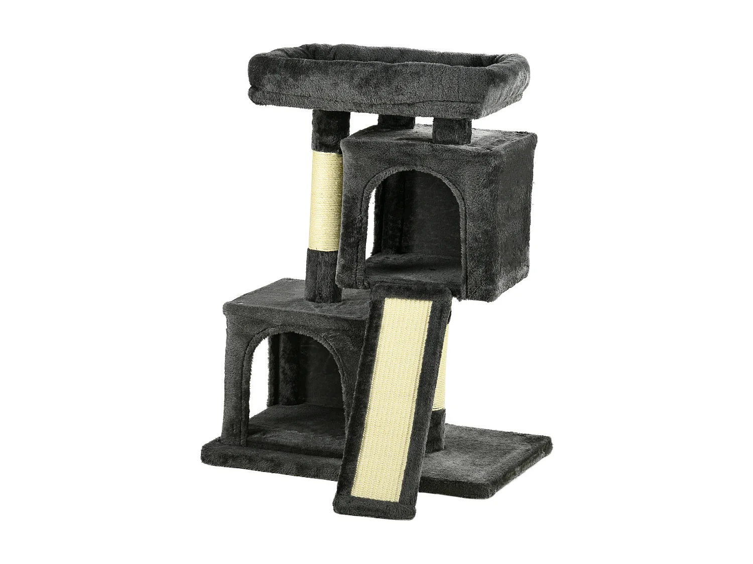 Albero tiragraffi per gatti con pali in sisal, lettino e 2 casette grigio