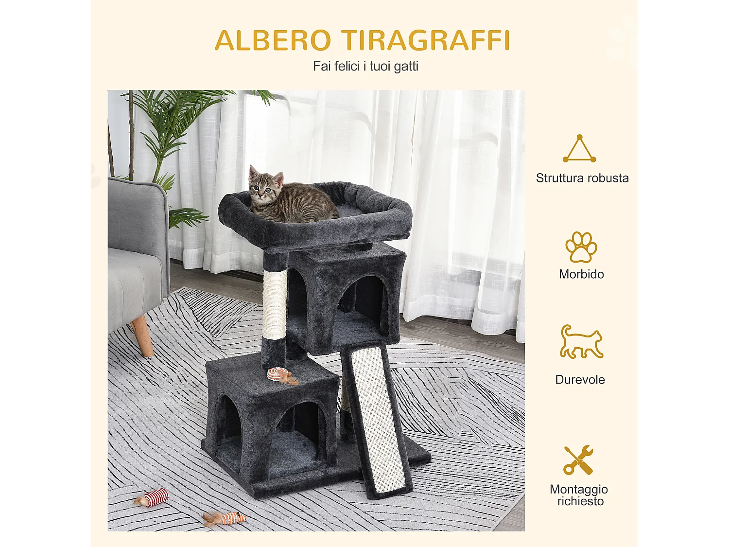 Albero tiragraffi per gatti con pali in sisal, lettino e 2 casette grigio