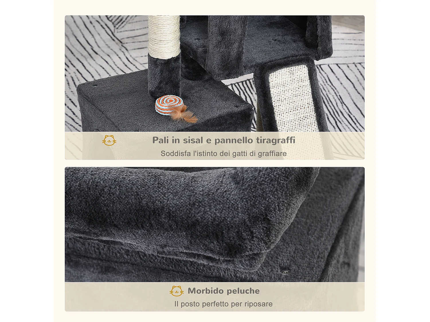 Albero tiragraffi per gatti con pali in sisal, lettino e 2 casette grigio