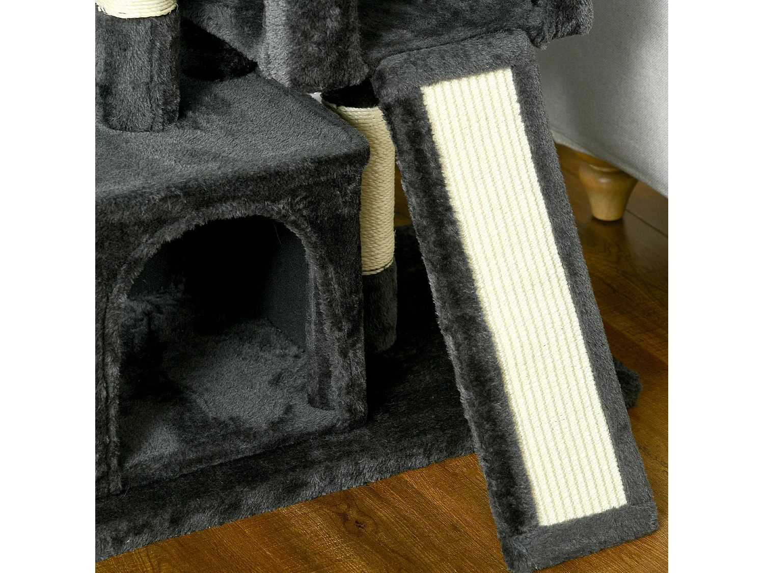 Albero tiragraffi per gatti con pali in sisal, lettino e 2 casette grigio