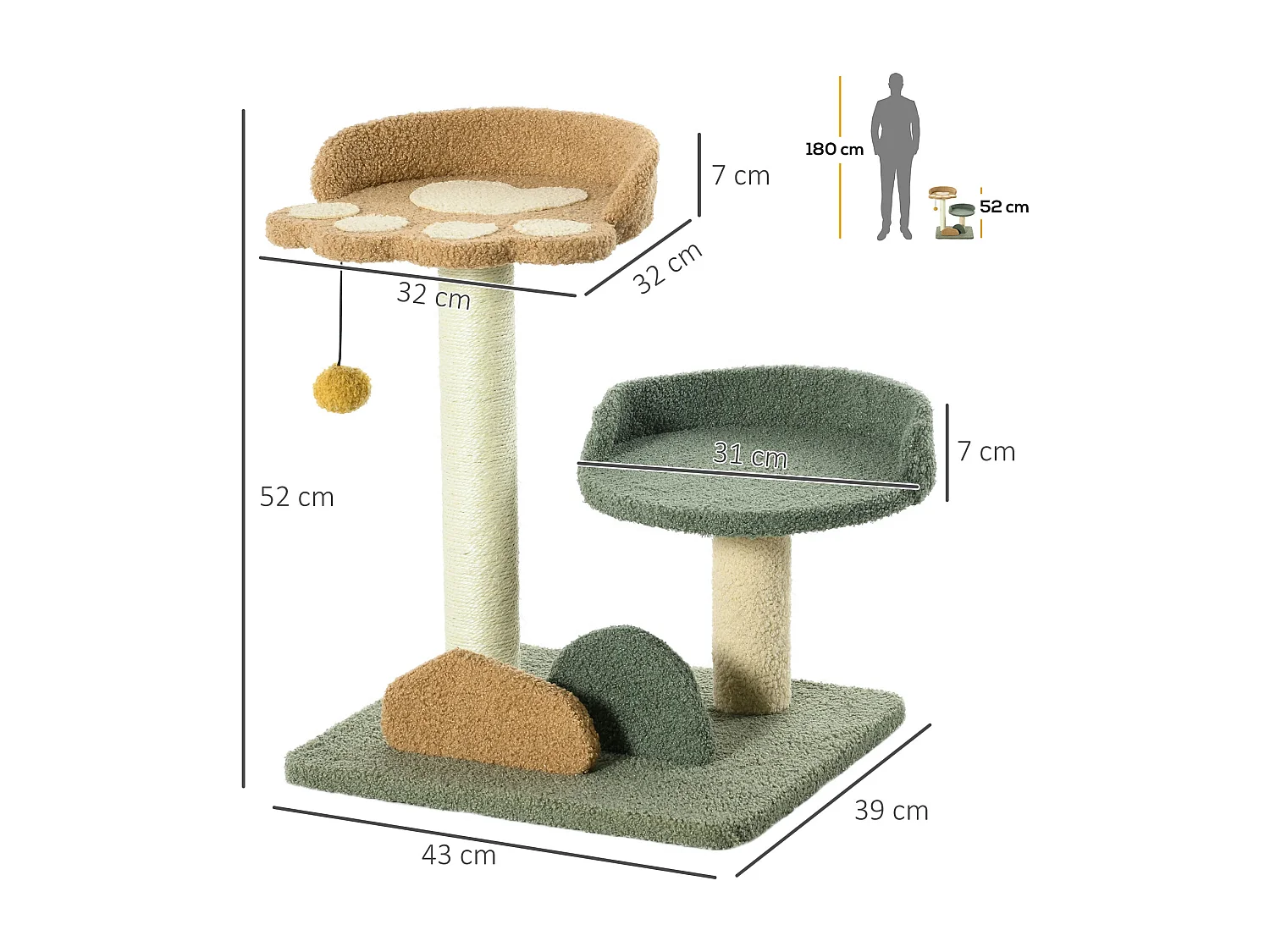 Tiragraffi per gatti con 2 lettini, pallina e rivestimento in velluto