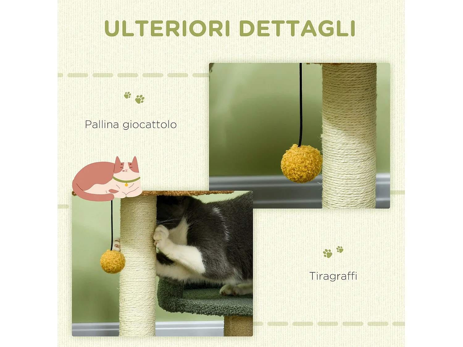 Tiragraffi per gatti con 2 lettini, pallina e rivestimento in velluto