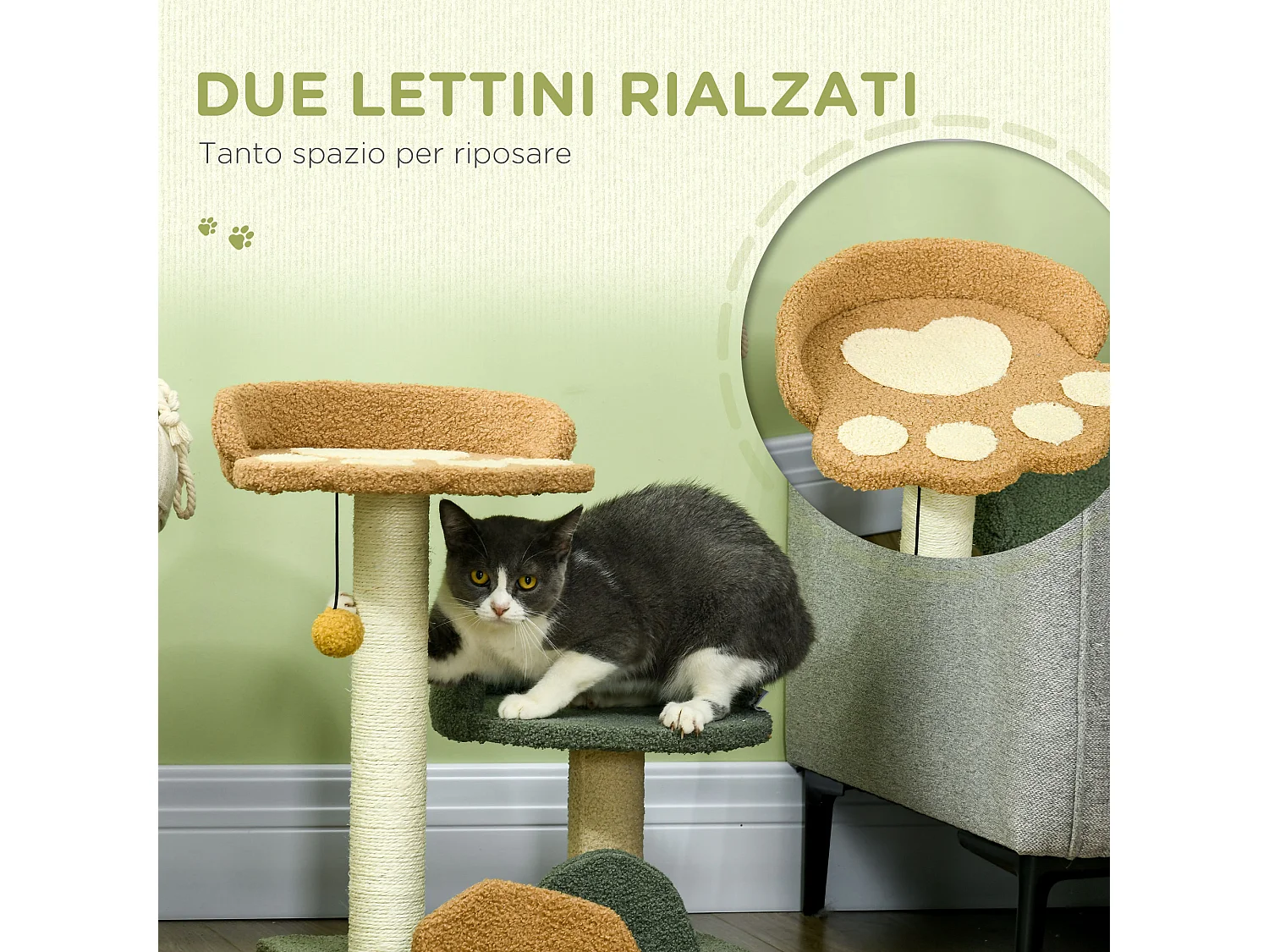 Tiragraffi per gatti con 2 lettini, pallina e rivestimento in velluto