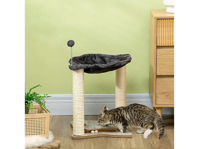 Tiragraffi per gatti con amaca in peluche base con gioco e pali sisal